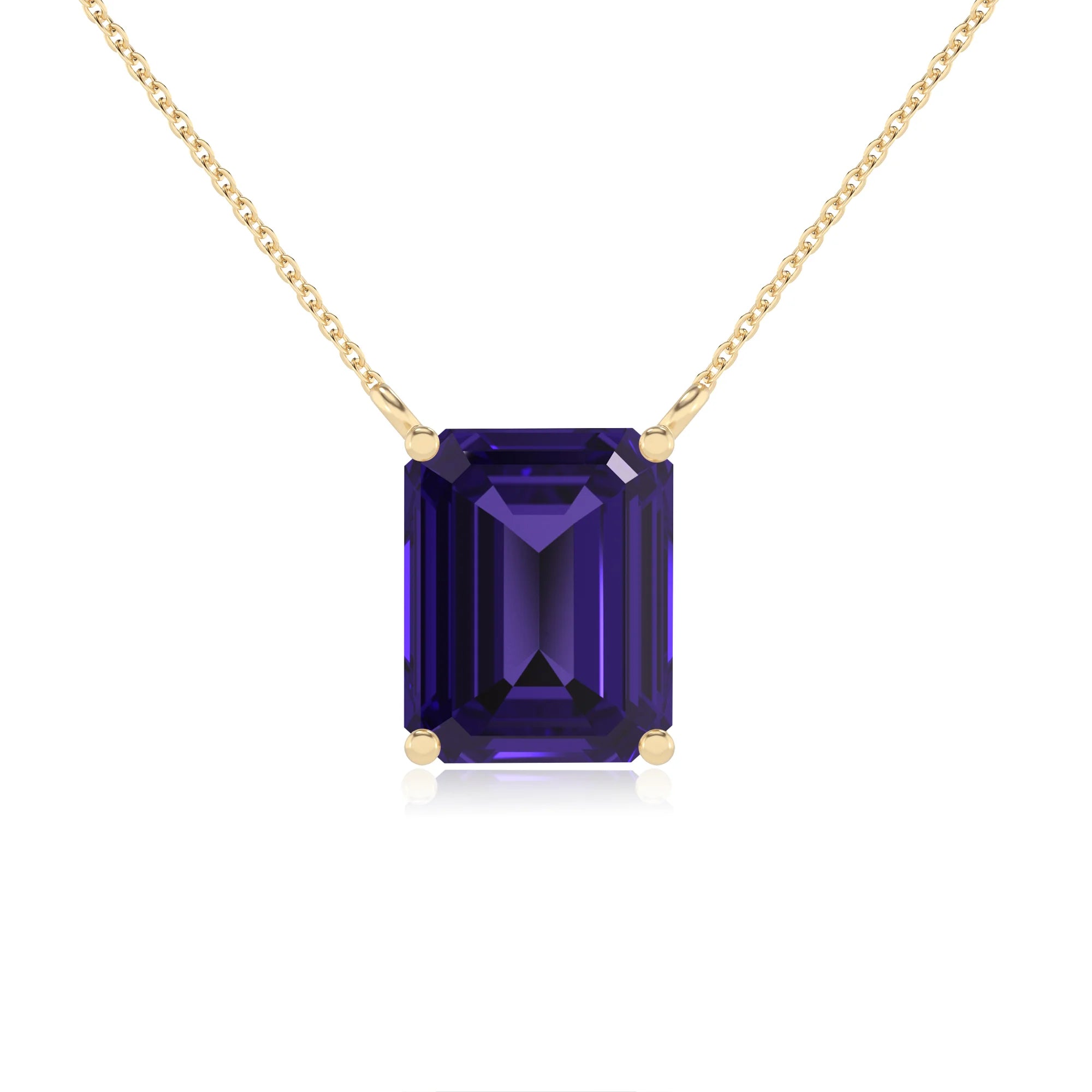 lab grown tanzanite emerald cut solitaire necklaces in yellow gold