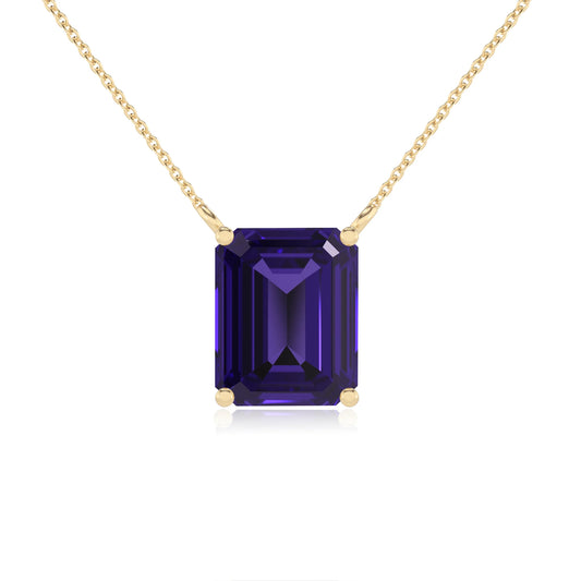 lab grown tanzanite emerald cut solitaire necklaces in yellow gold