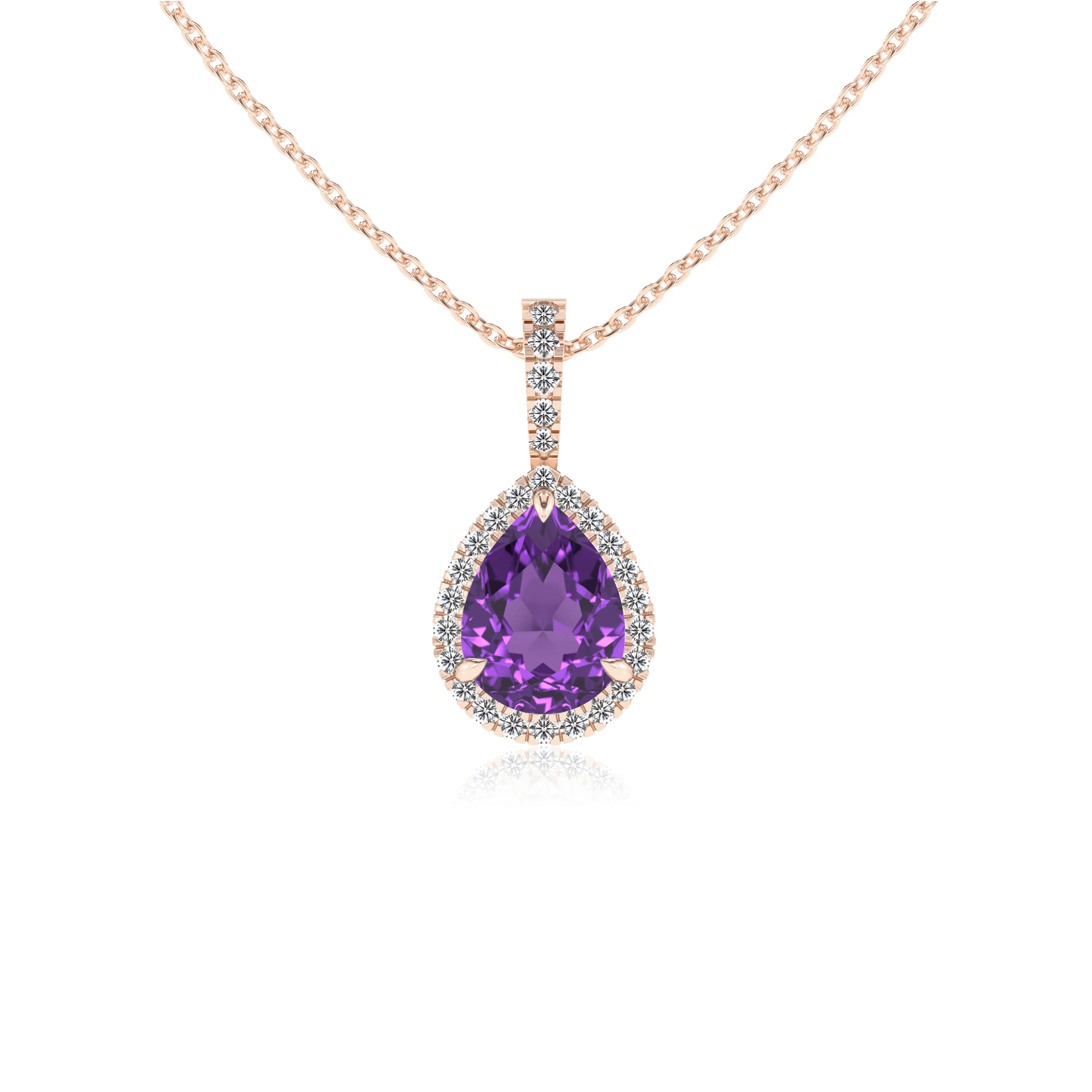 lab grown amethyst pear solitaire necklaces in rose gold
