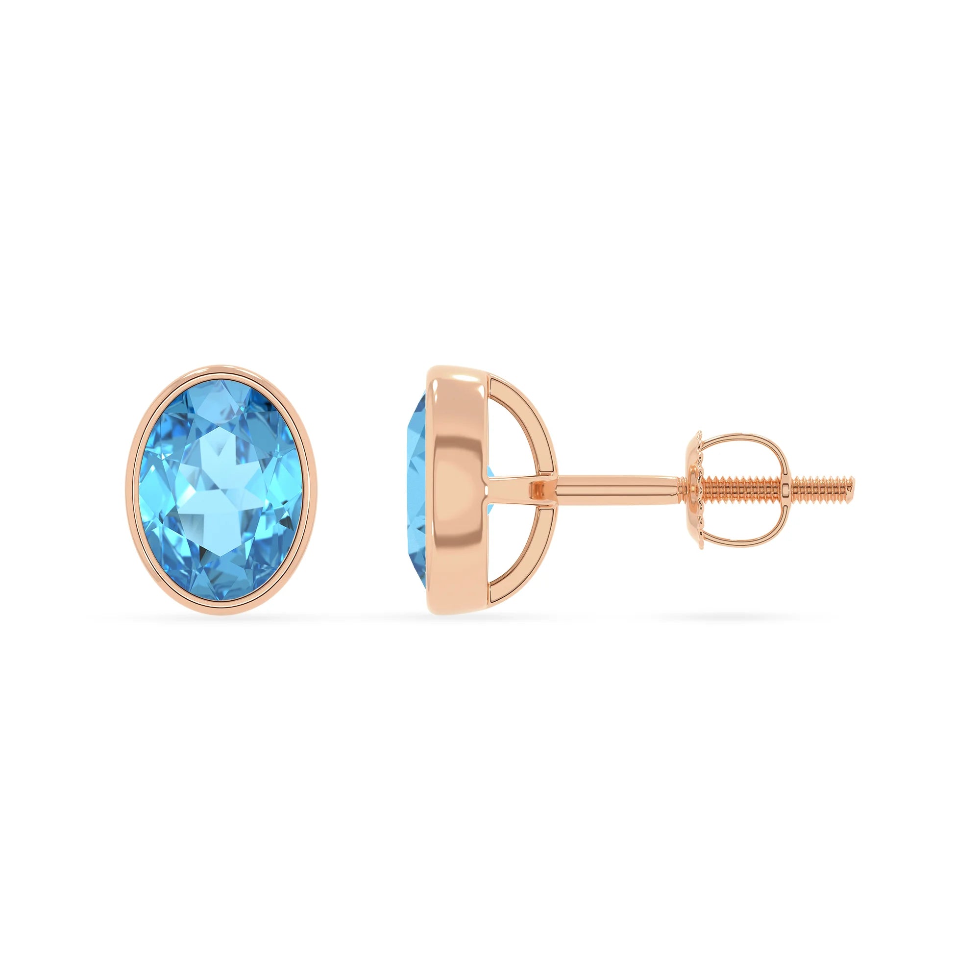 natural swiss blue topaz oval stud earrings in rose gold