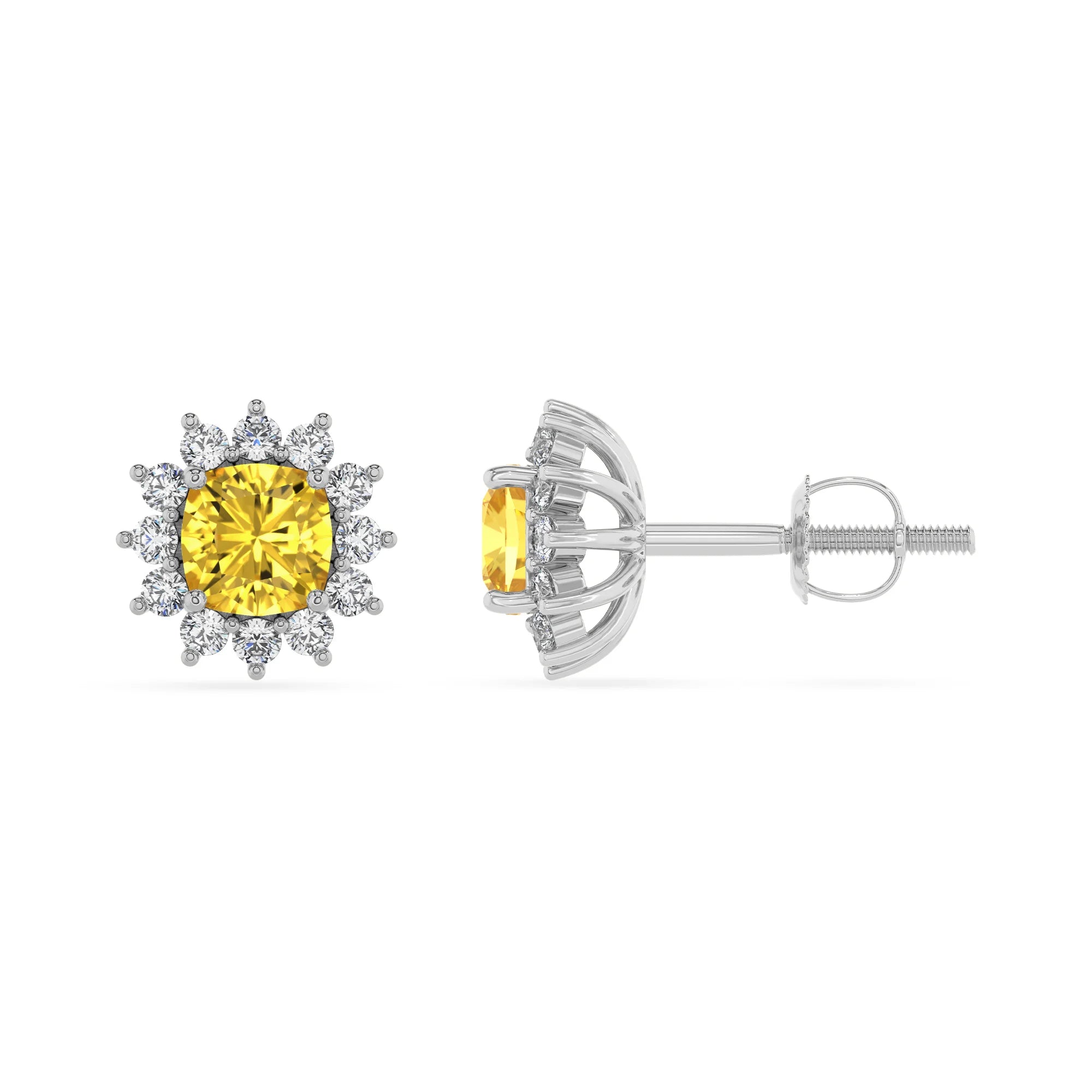 lab grown yellow sapphire cushion stud earrings in white gold