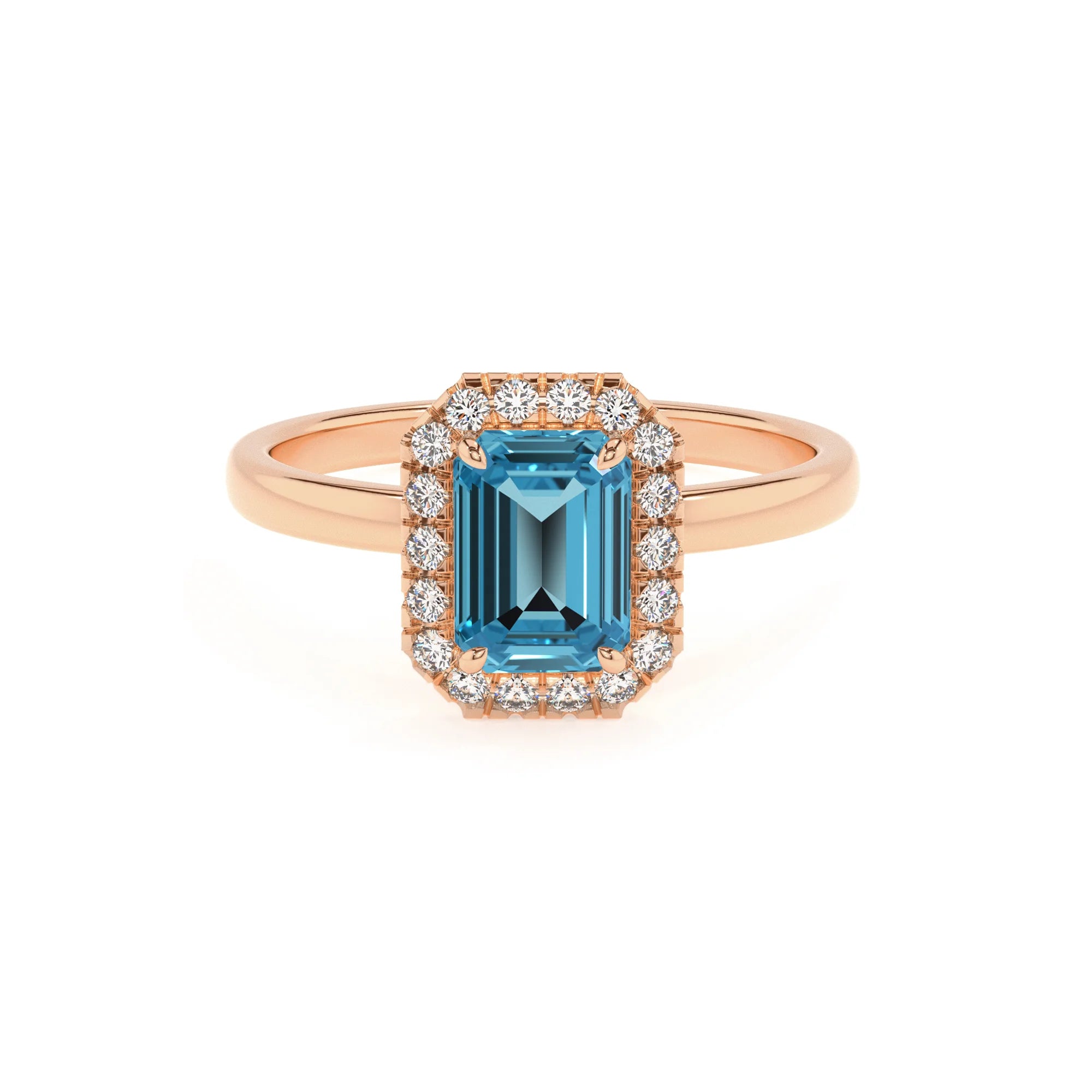 natural swiss-blue-topaz emerald cut solitaire rings in rose gold