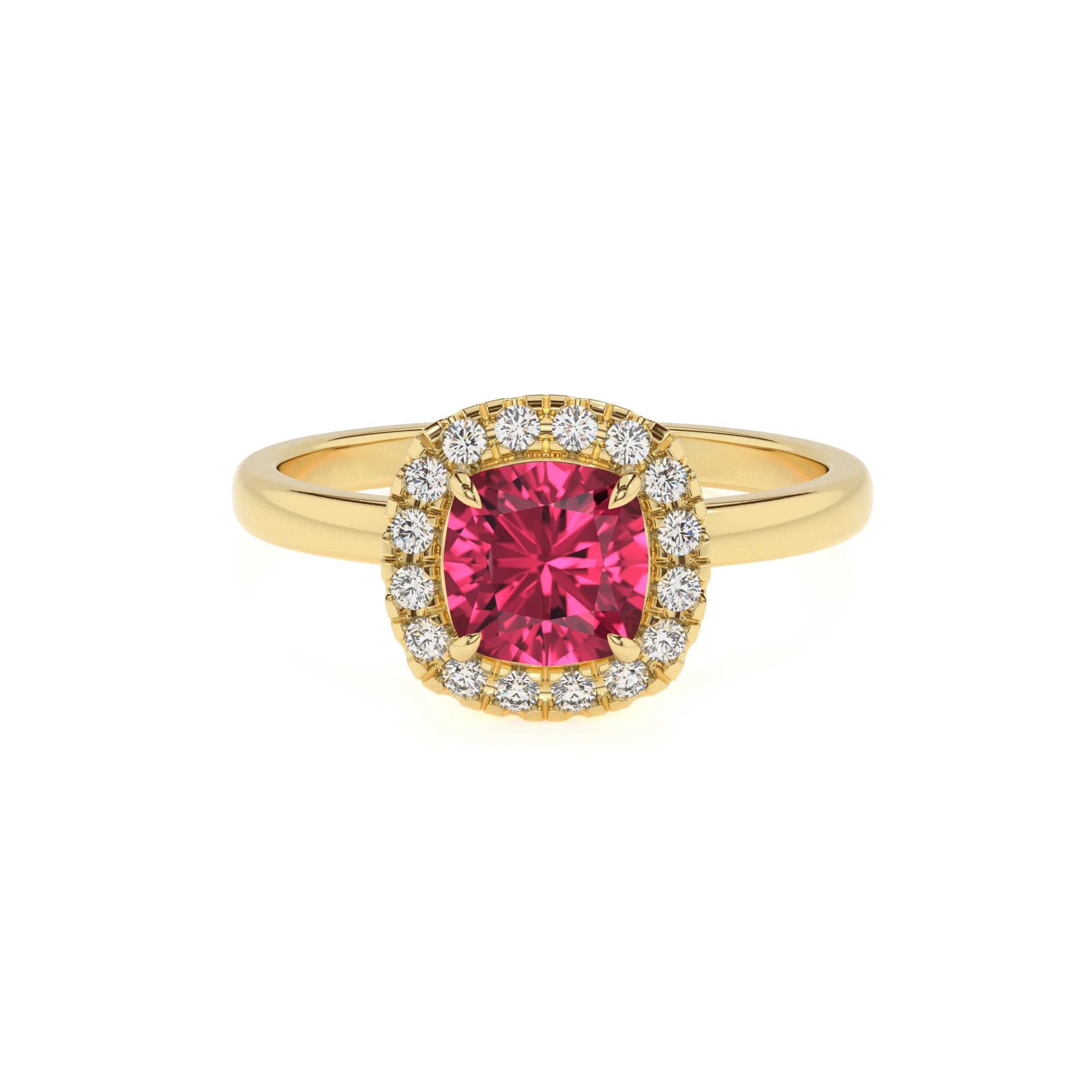 lab grown pink-tourmaline cushion solitaire rings in yellow gold