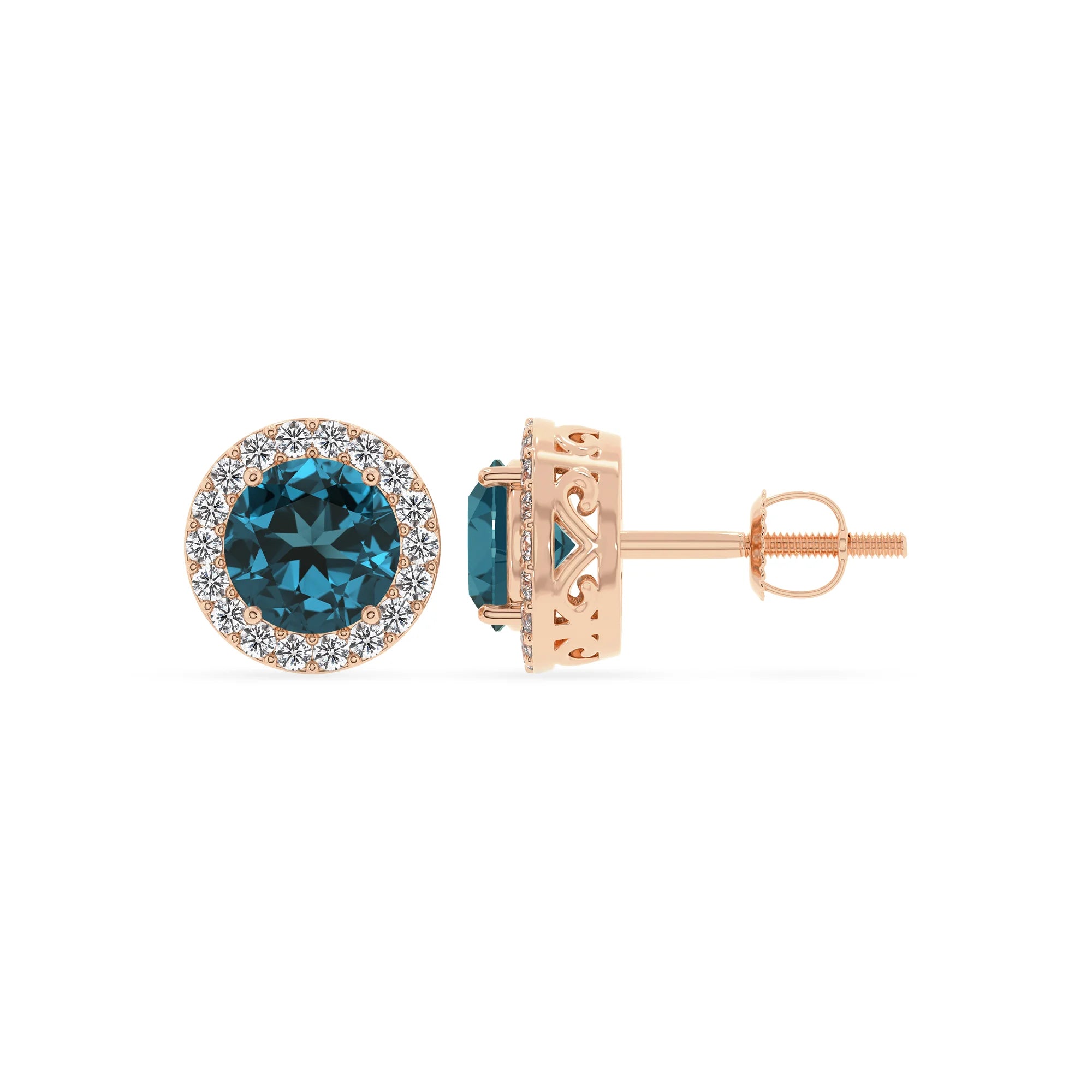 natural london blue topaz round stud earrings in rose gold