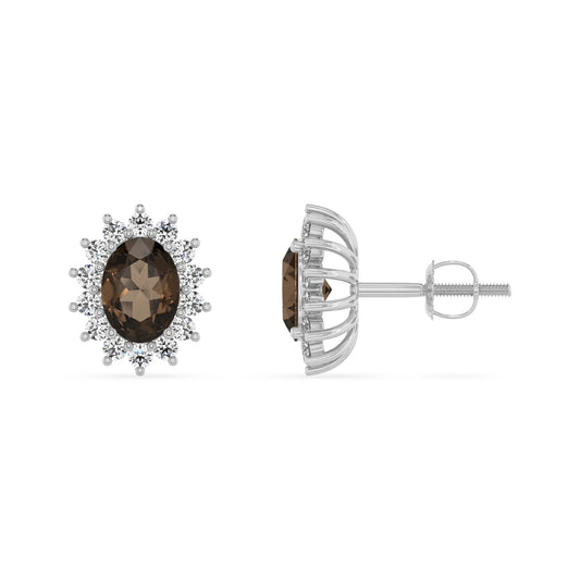 natural smoky quartz oval stud earrings in white gold