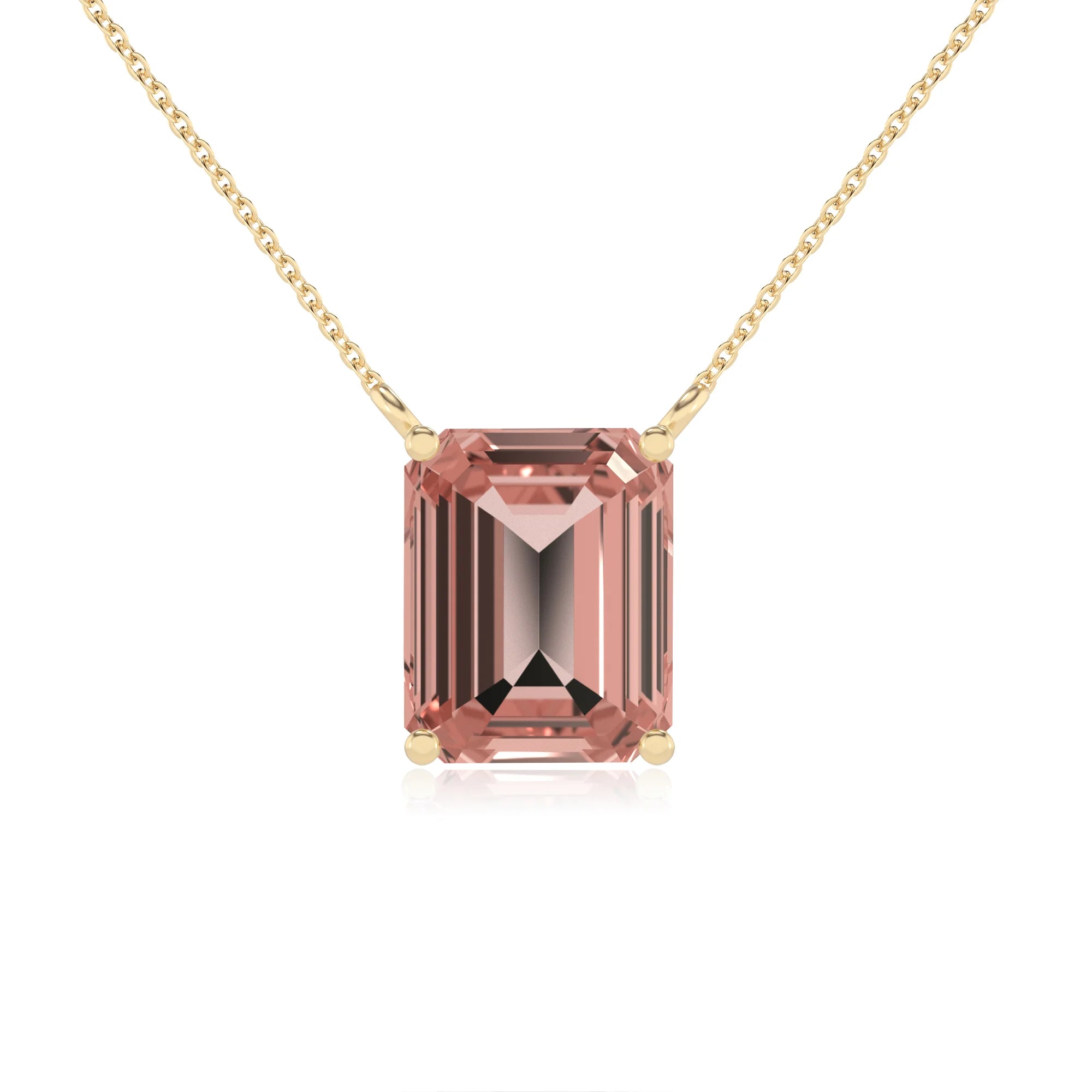 lab grown morganite emerald cut solitaire necklaces in yellow gold