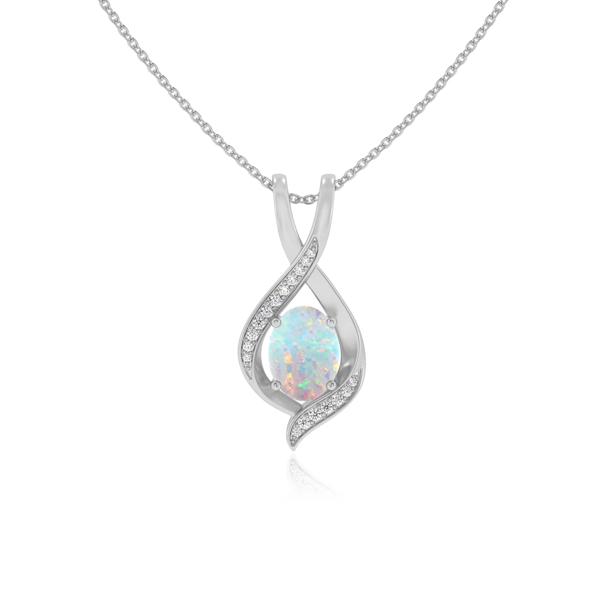 lab grown opal oval solitaire necklaces in white gold