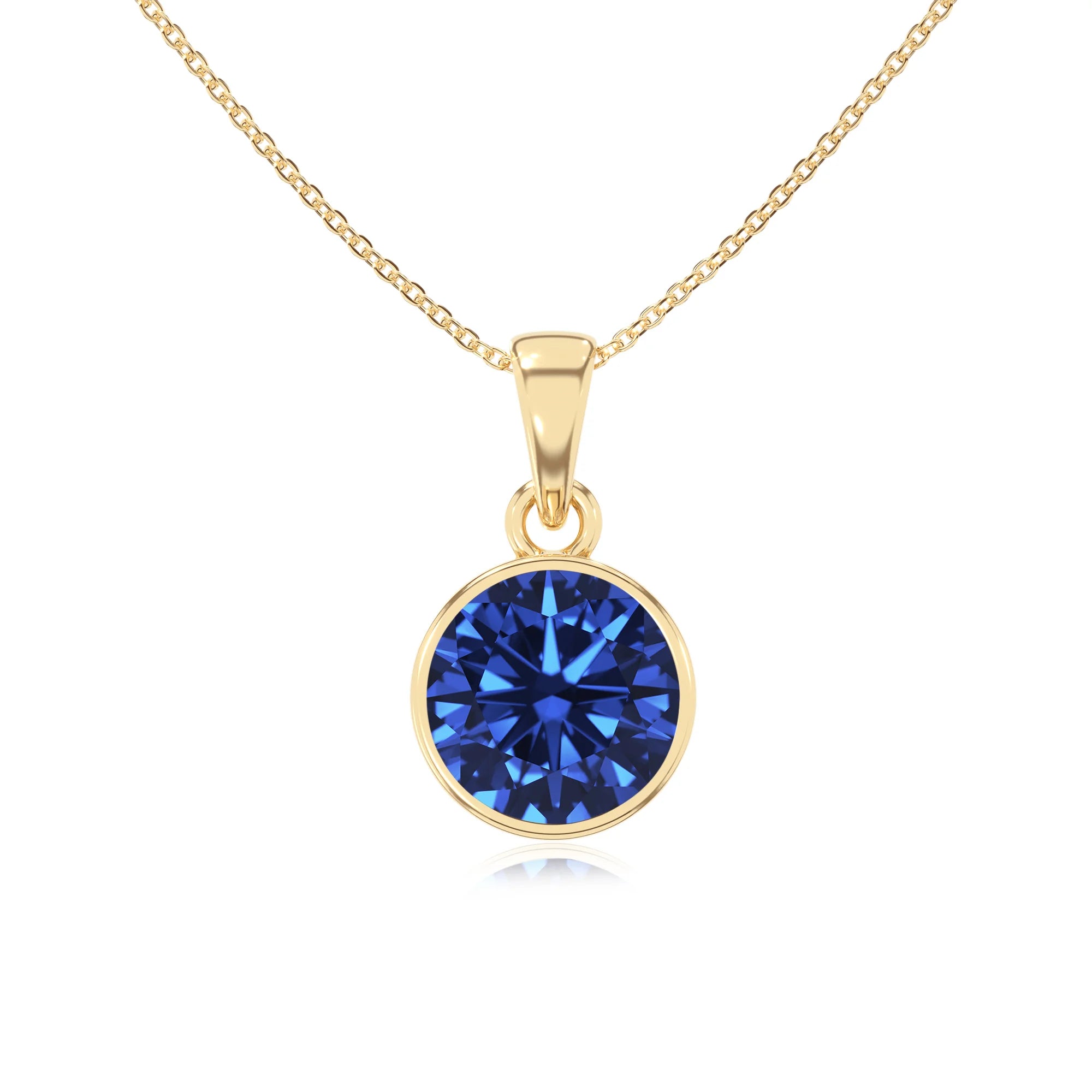 lab grown blue-sapphire round solitaire necklaces in yellow gold