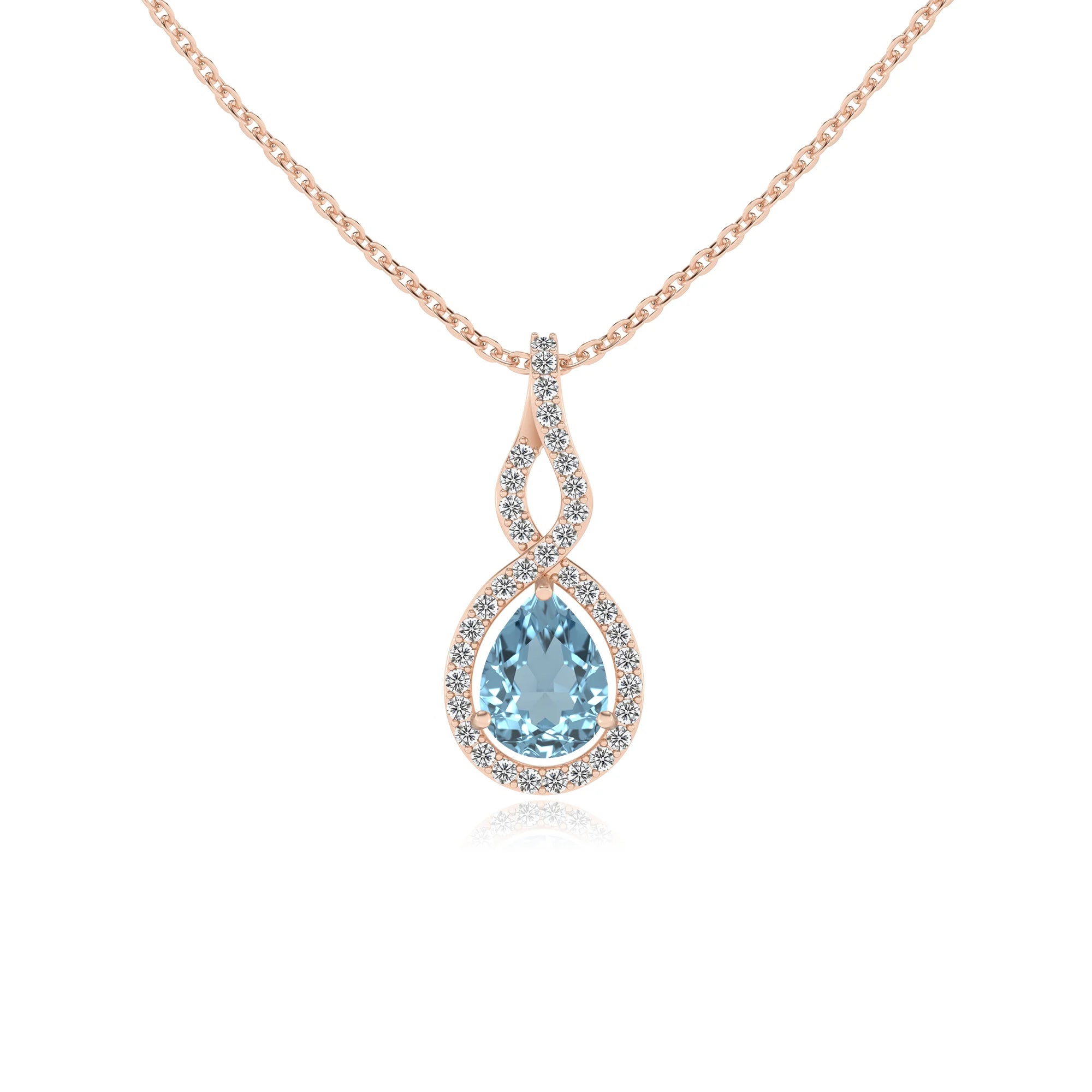 lab grown aquamarine pear necklaces in rose gold