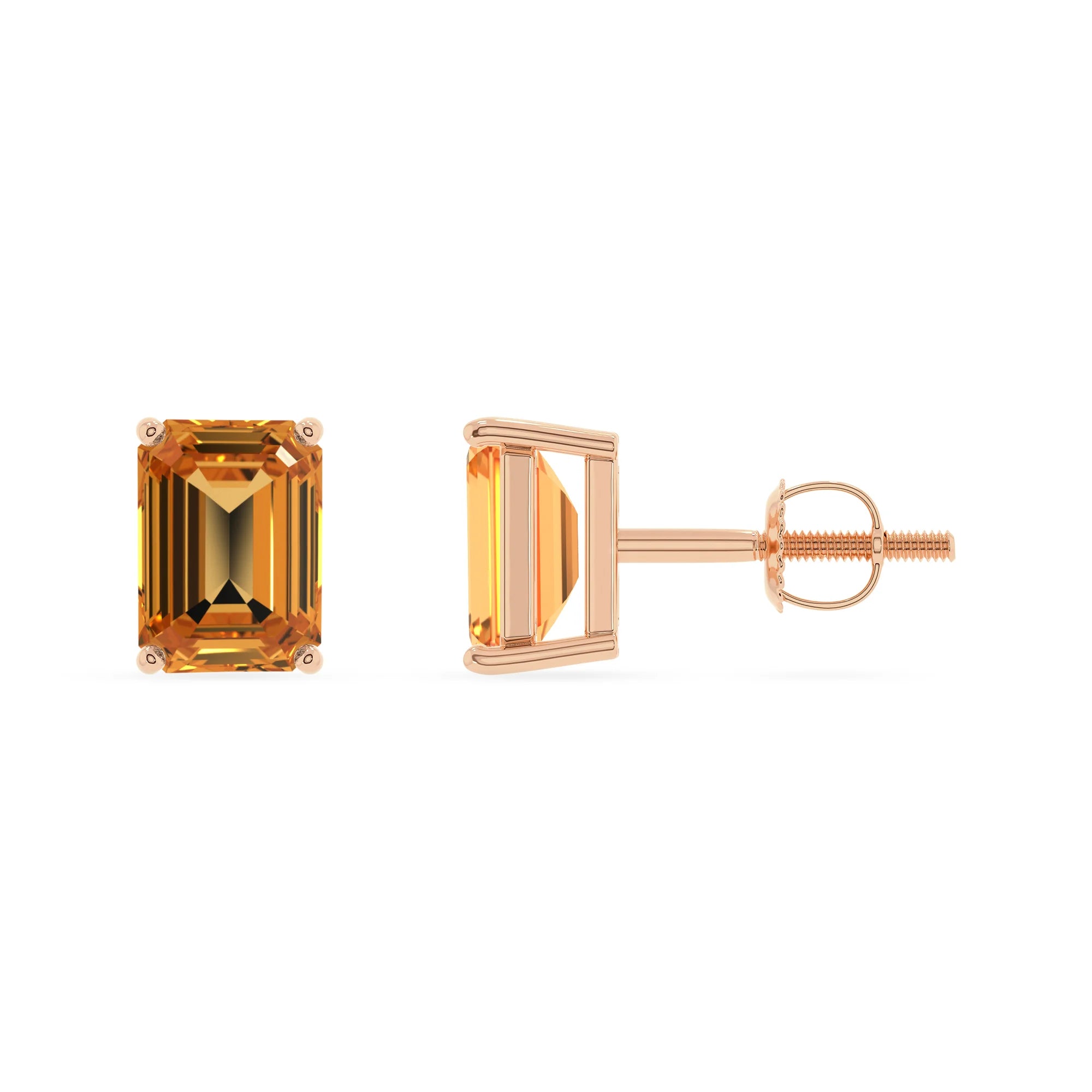 lab grown citrine emerald cut stud earrings in rose gold