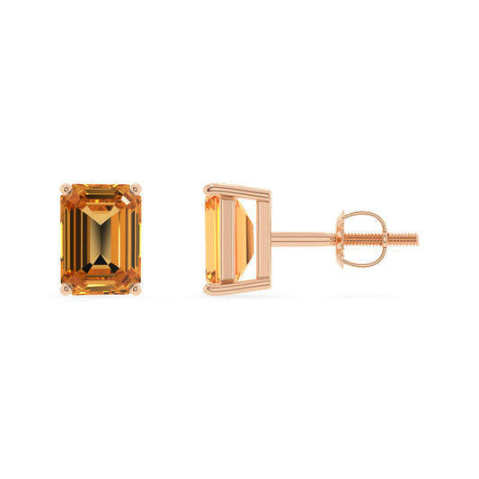 lab grown citrine emerald cut stud earrings in rose gold