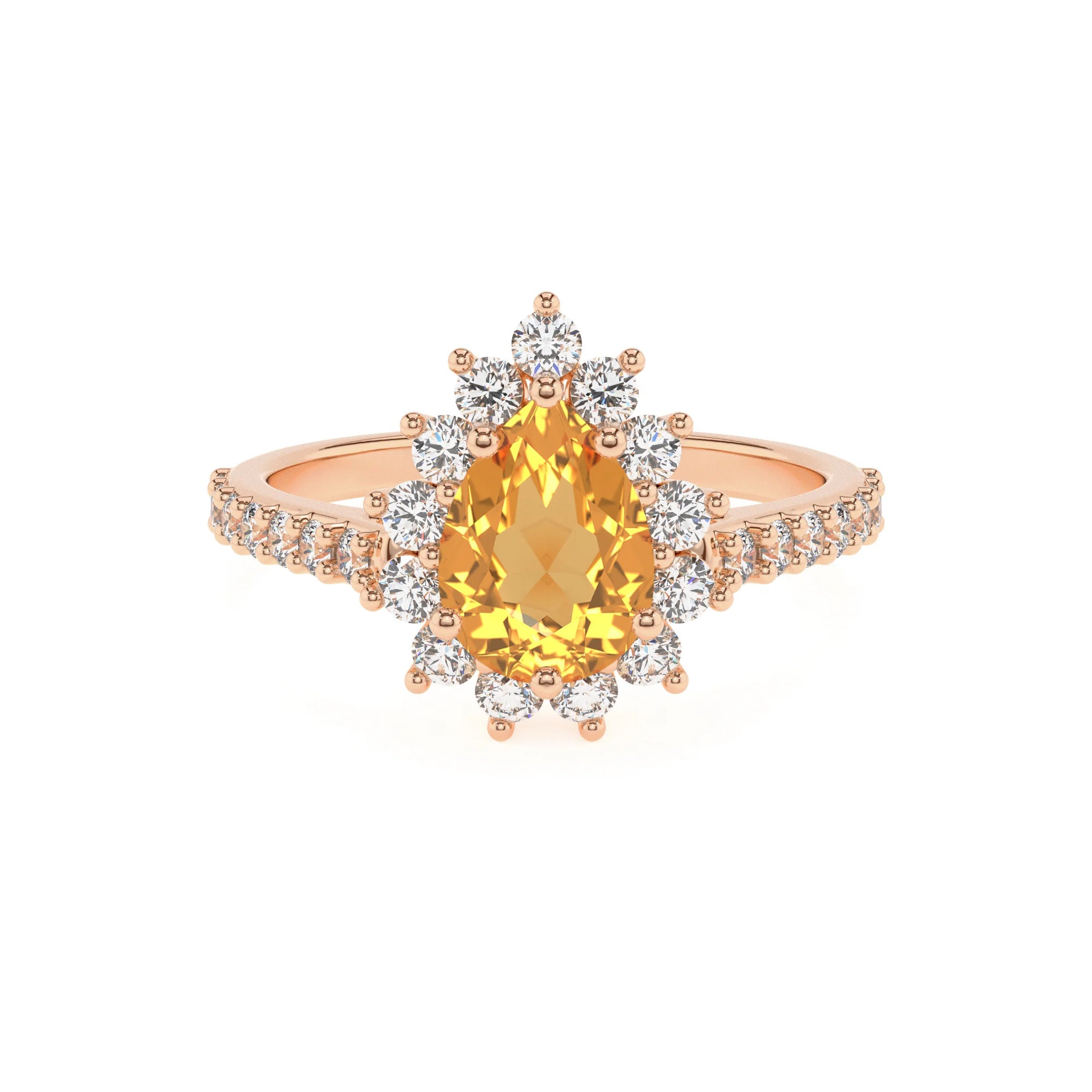 lab grown citrine pear solitaire rings in rose gold