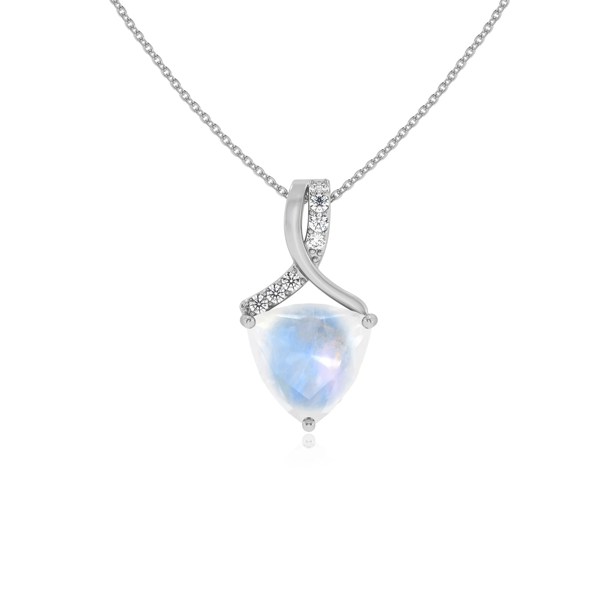 natural rainbow-moonstone trillion solitaire necklaces in platinum
