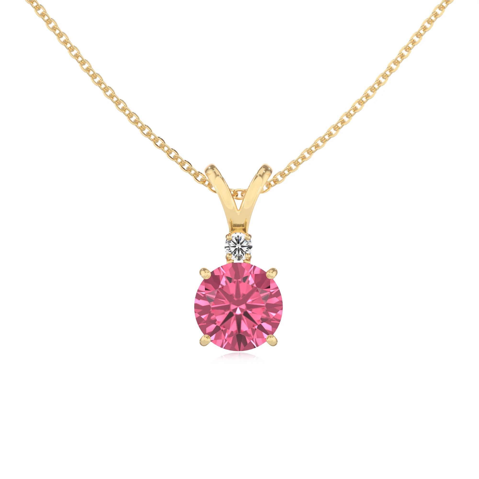 lab grown pink-tourmaline round solitaire v-bale necklaces in yellow gold