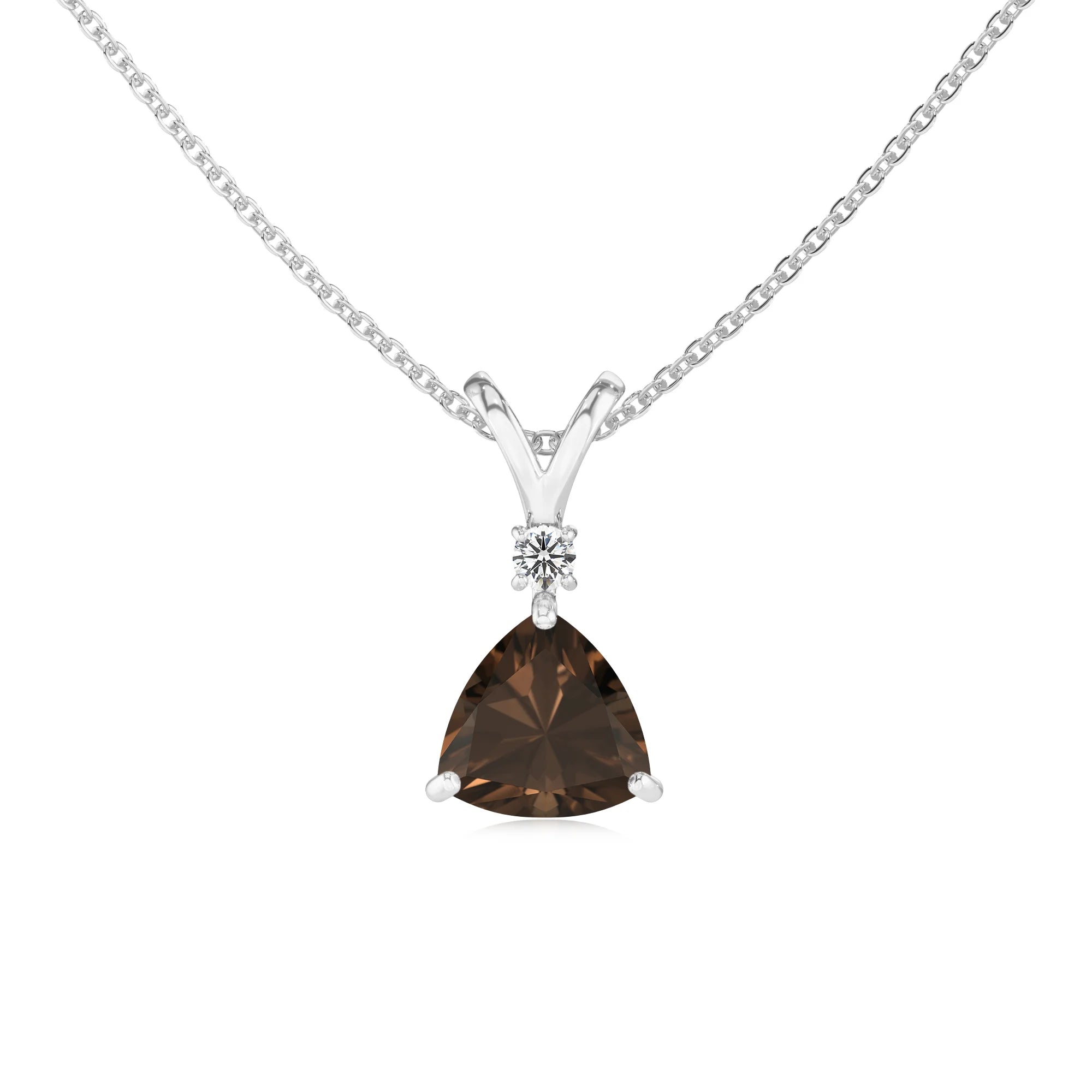 natural smoky-quartz trillion solitaire v-bale necklaces in white gold