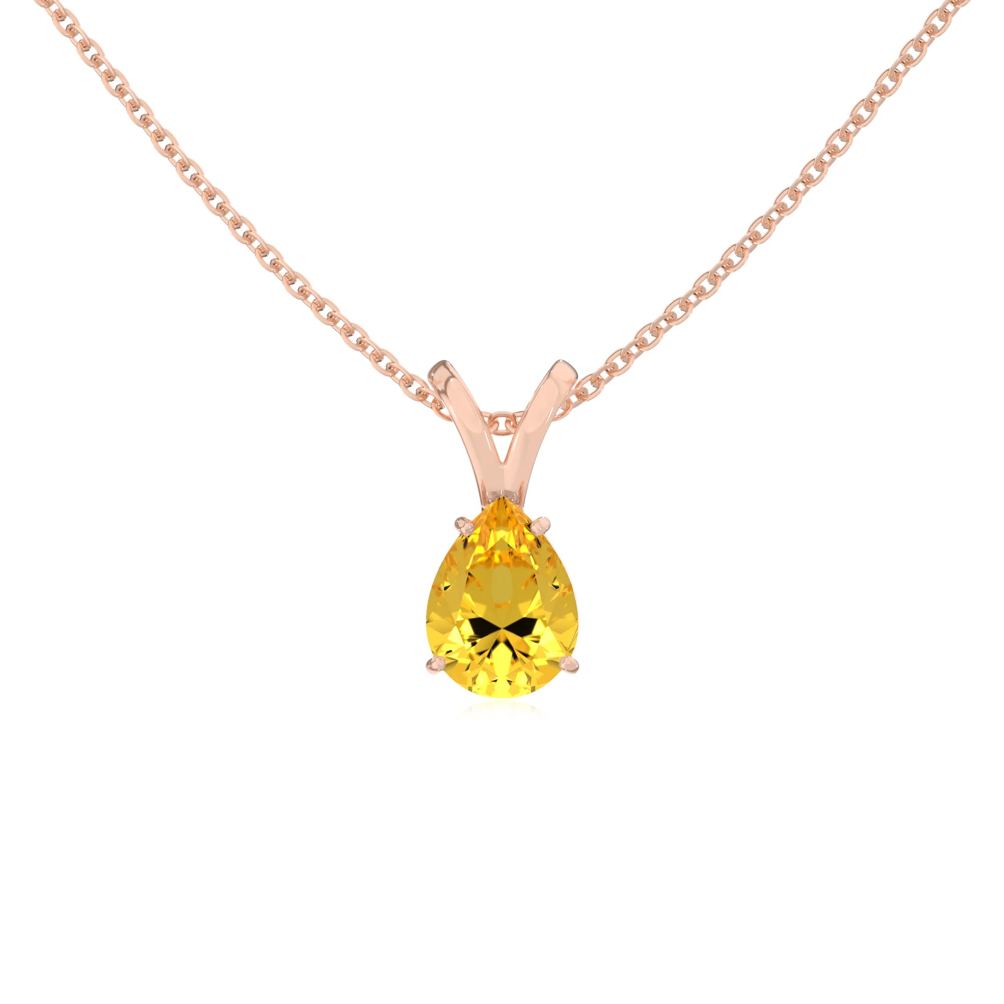 lab grown yellow-sapphire pear solitaire v-bale necklaces in rose gold