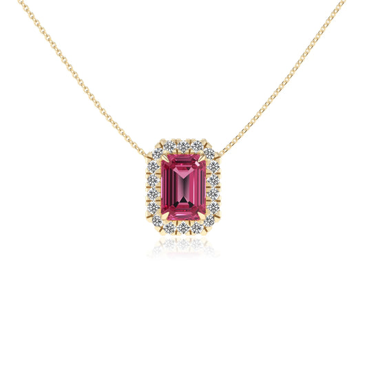lab grown pink tourmaline emerald cut solitaire necklaces in yellow gold