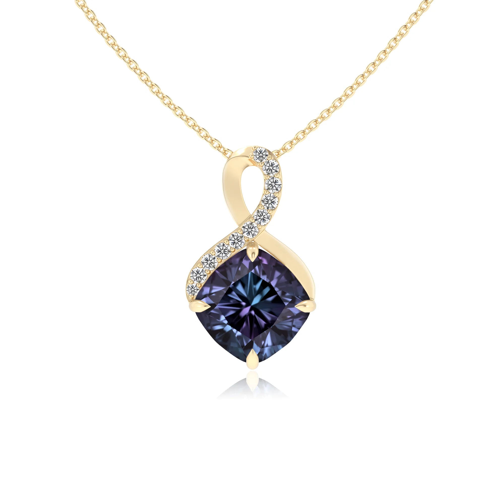 lab grown alexandrite cushion infinity necklaces in yellow gold