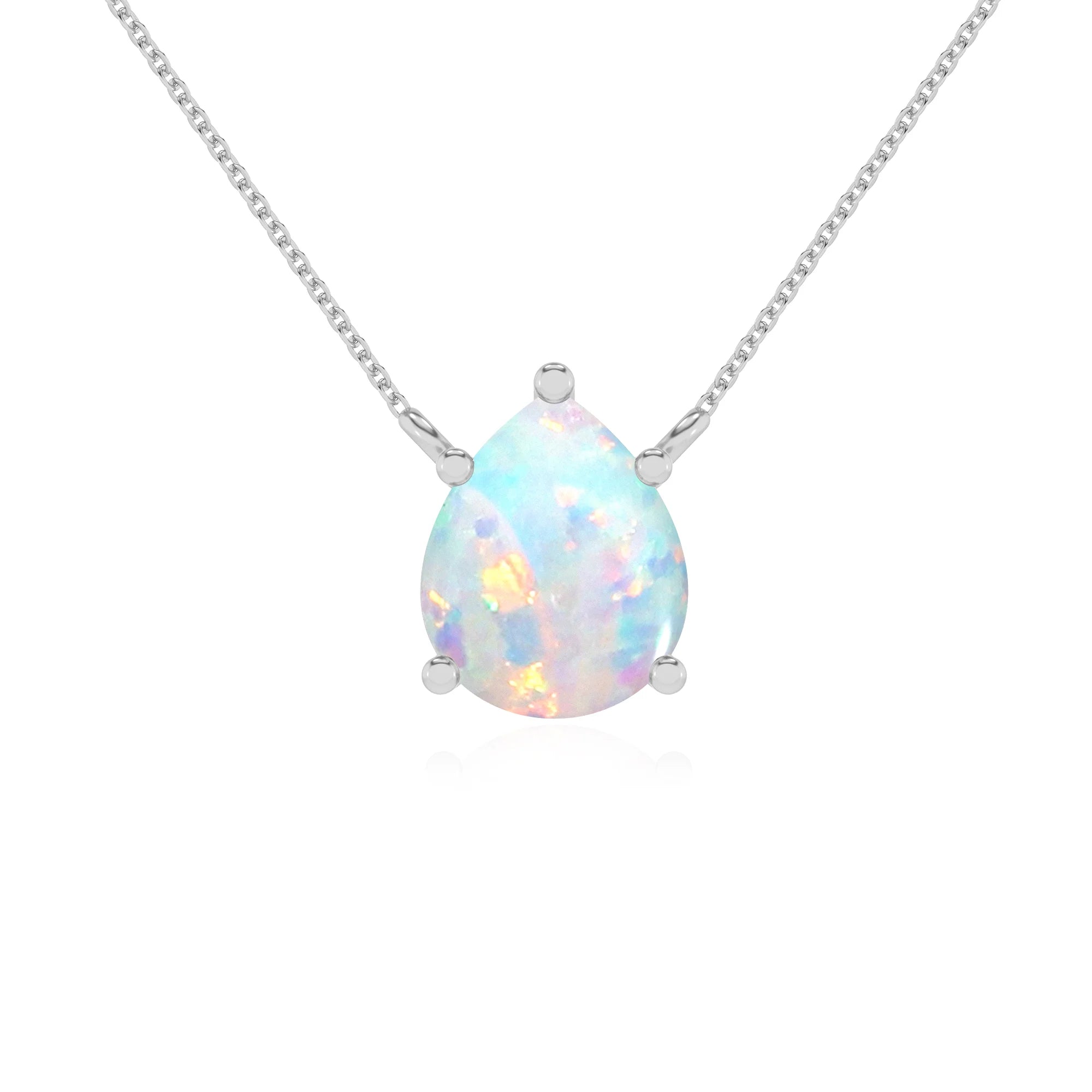 lab grown opal pear solitaire necklaces in white gold