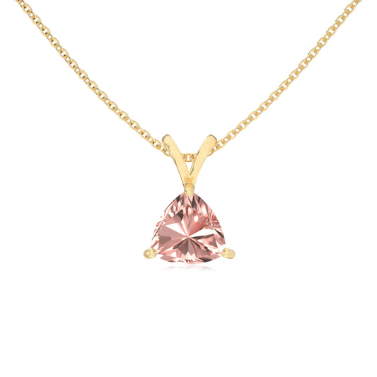 lab grown morganite trillion solitaire v-bale necklaces in yellow gold