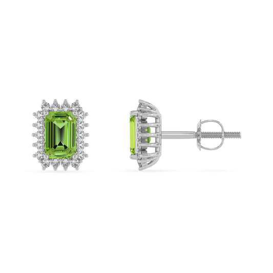 natural peridot emerald cut stud earrings in platinum