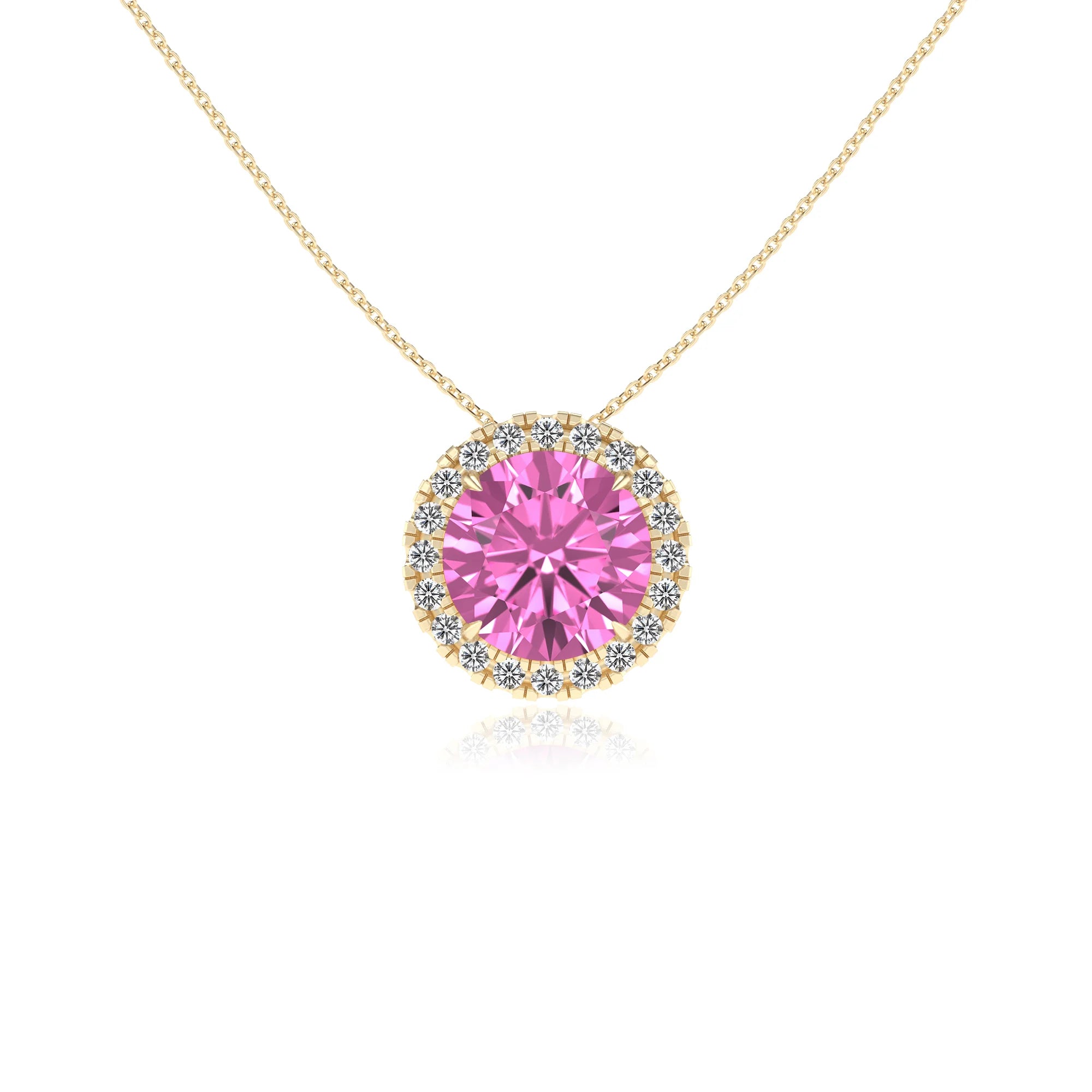 lab grown pink sapphire round solitaire necklaces in yellow gold