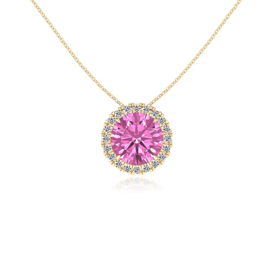 lab grown pink sapphire round solitaire necklaces in yellow gold