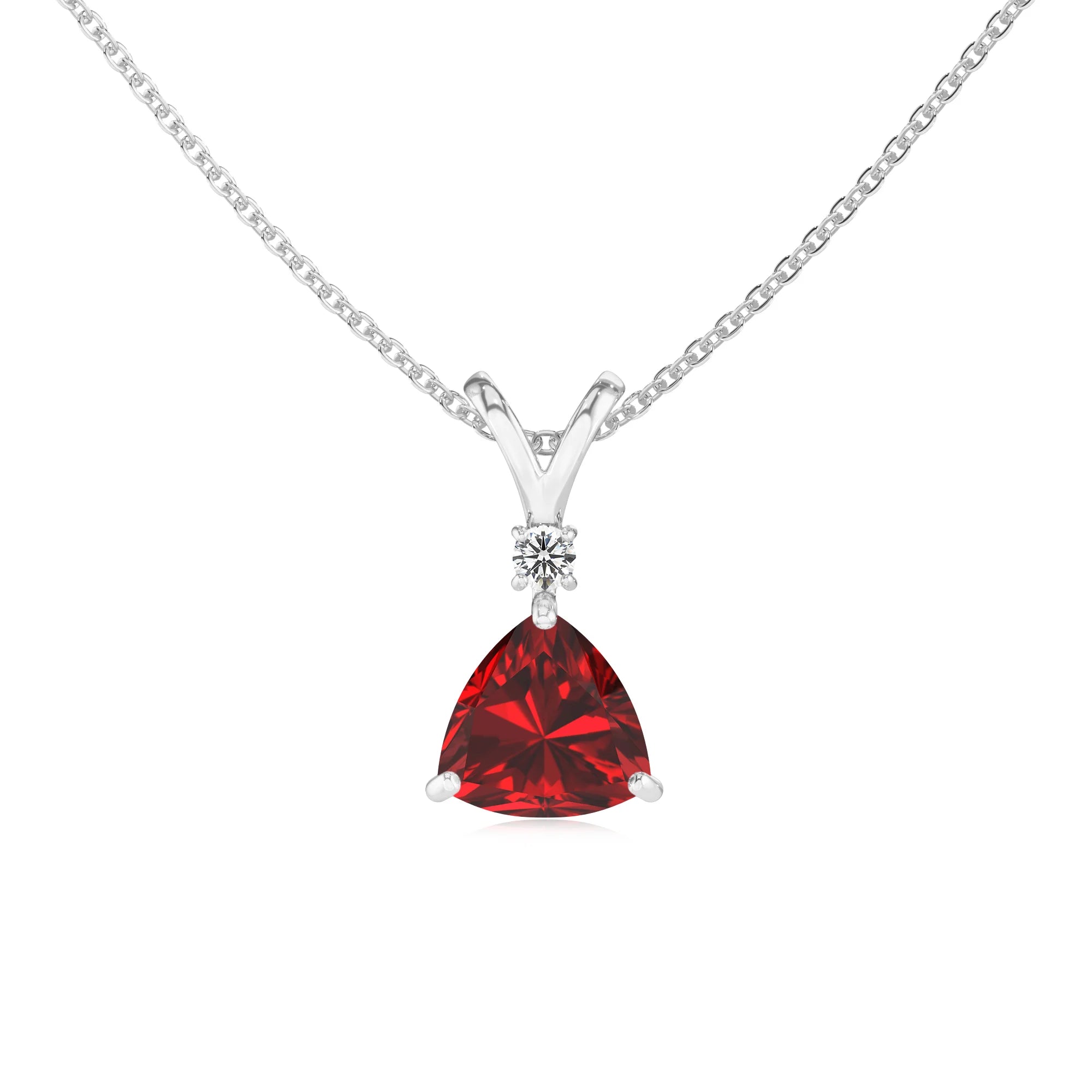 lab grown ruby trillion solitaire v-bale necklaces in white gold