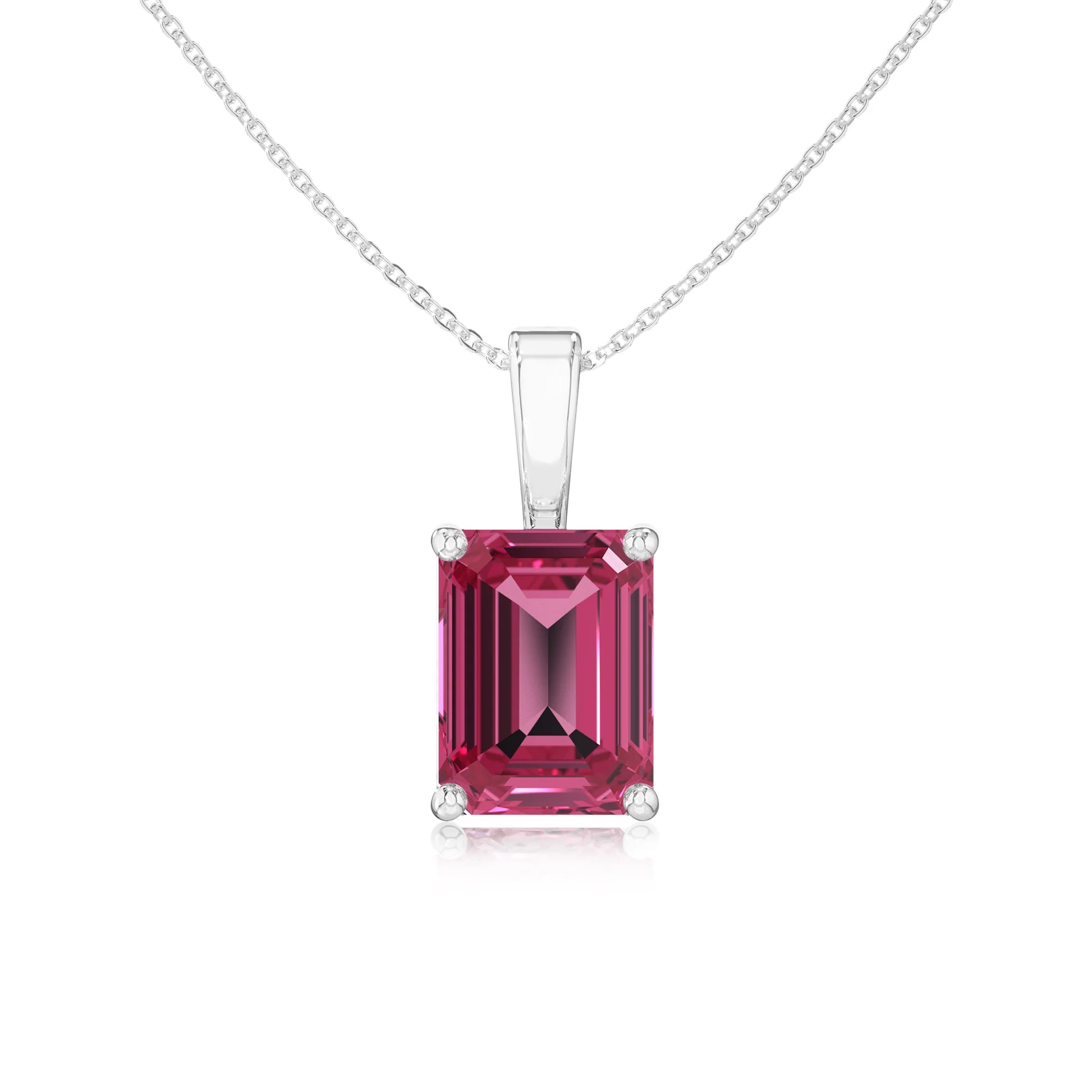 lab grown pink-tourmaline emerald cut solitaire necklaces in white gold
