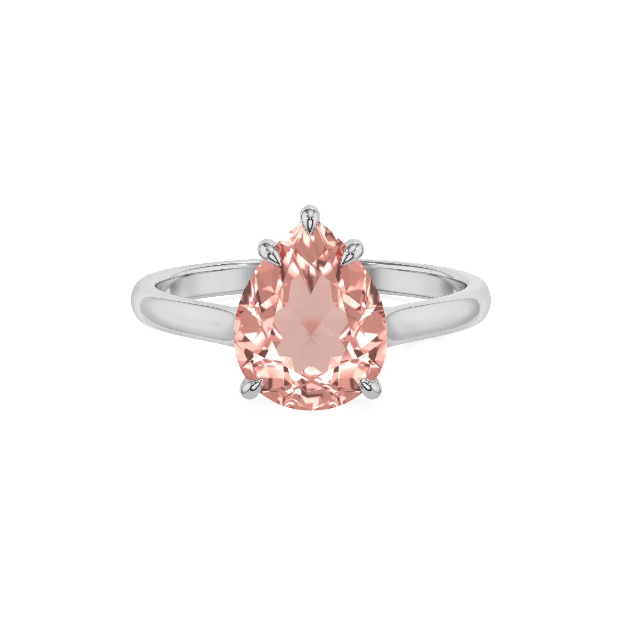 lab grown morganite pear solitaire rings in white gold