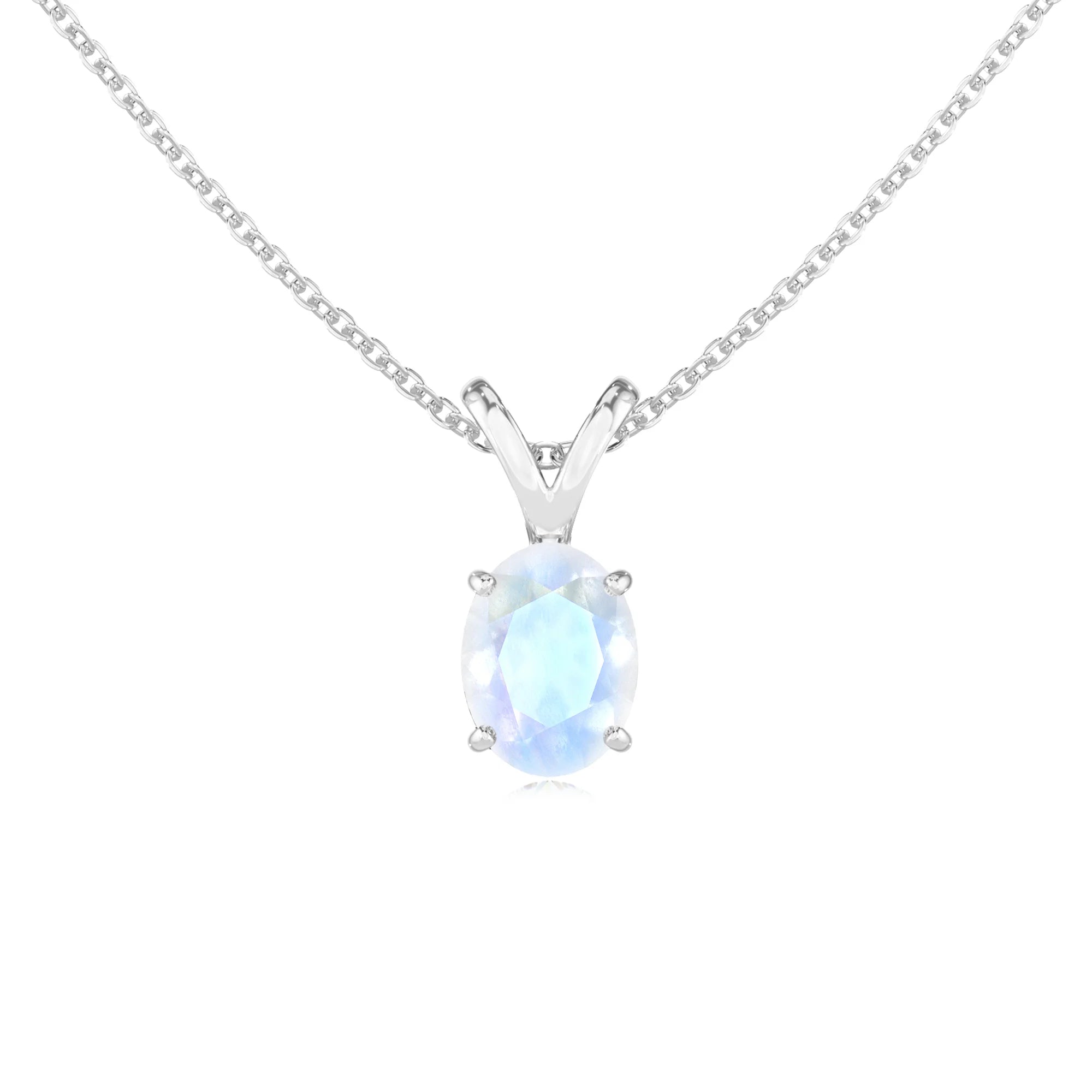 natural rainbow-moonstone oval solitaire v-bale necklaces in white gold