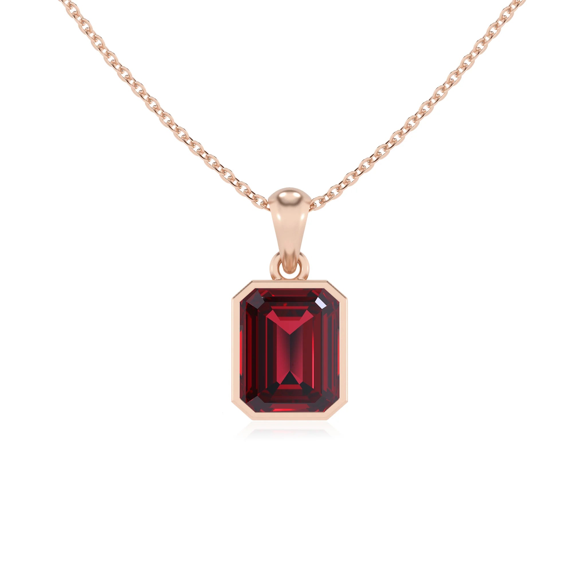 lab grown ruby emerald cut solitaire necklaces in rose gold