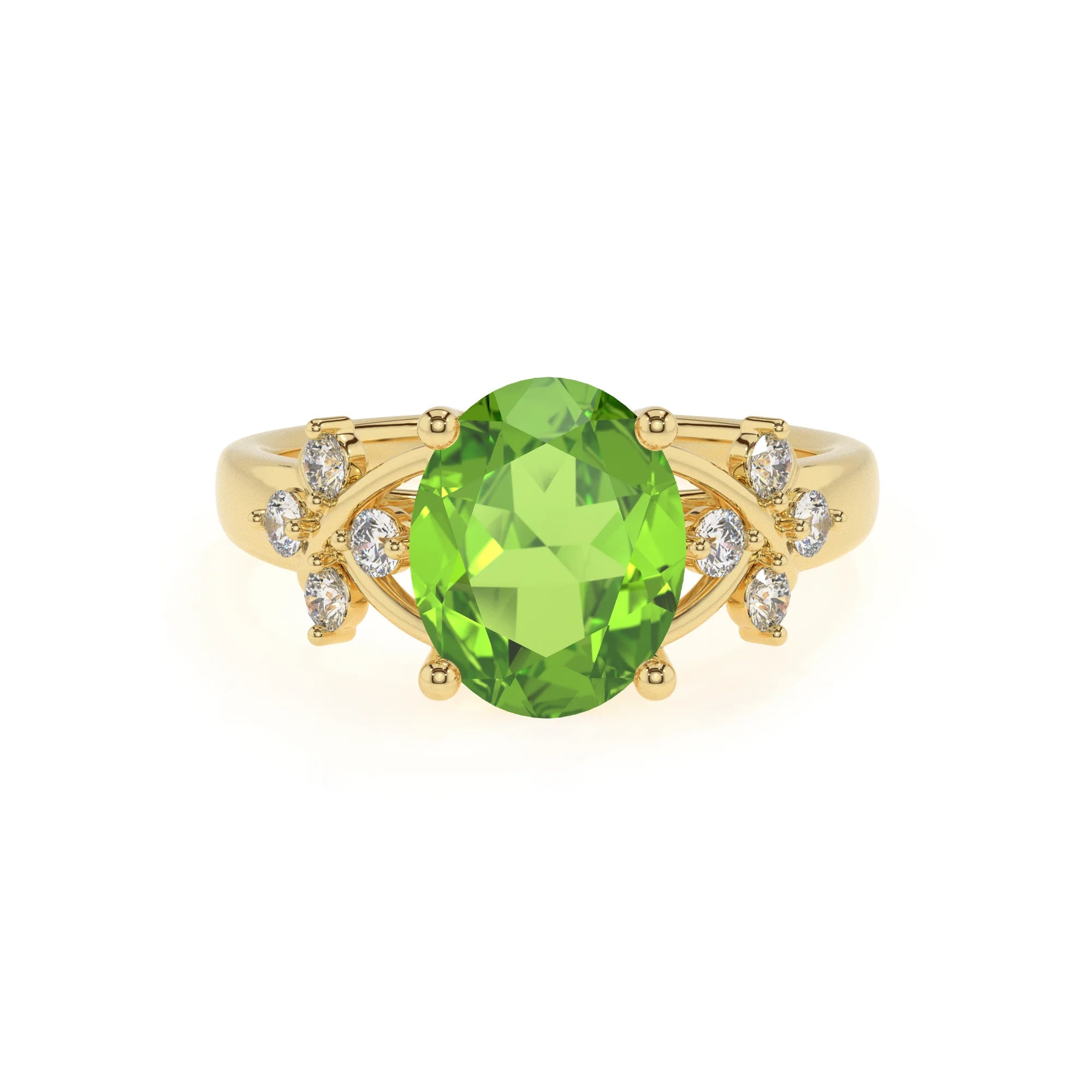 natural peridot oval solitaire rings in yellow gold