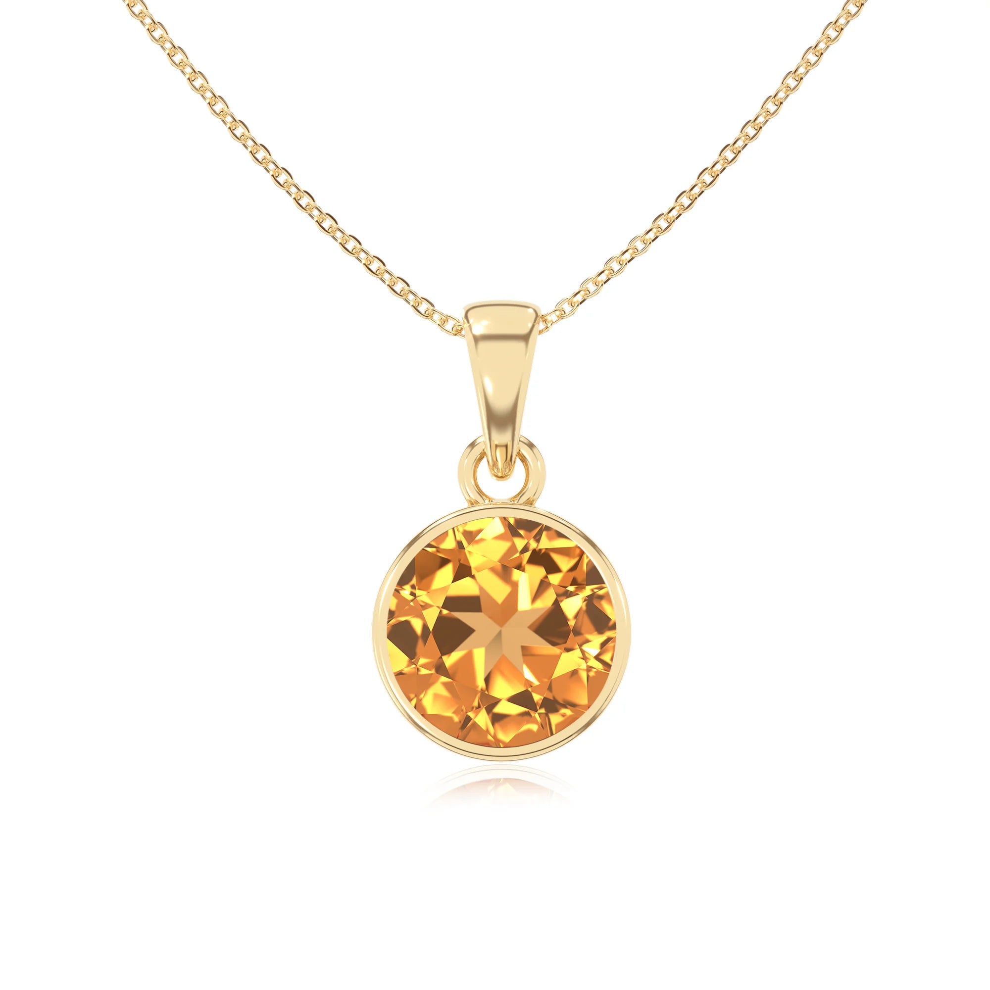 lab grown citrine round solitaire necklaces in yellow gold
