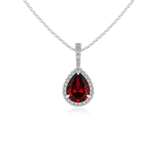 lab grown ruby pear solitaire necklaces in sterling silver