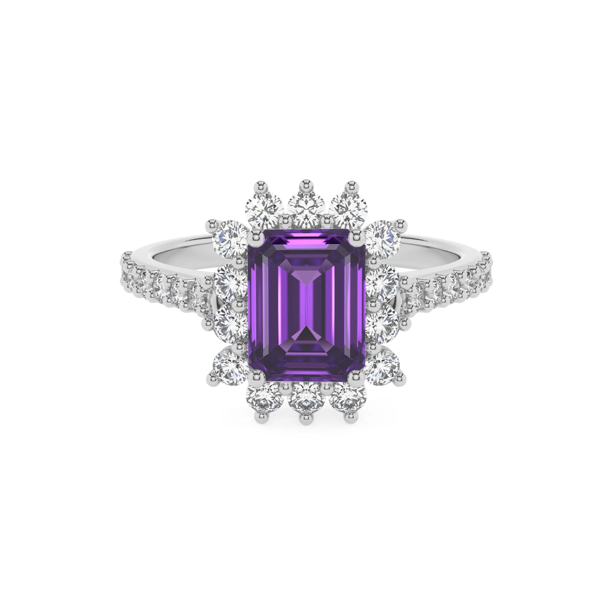 lab grown amethyst emerald cut solitaire rings in platinum