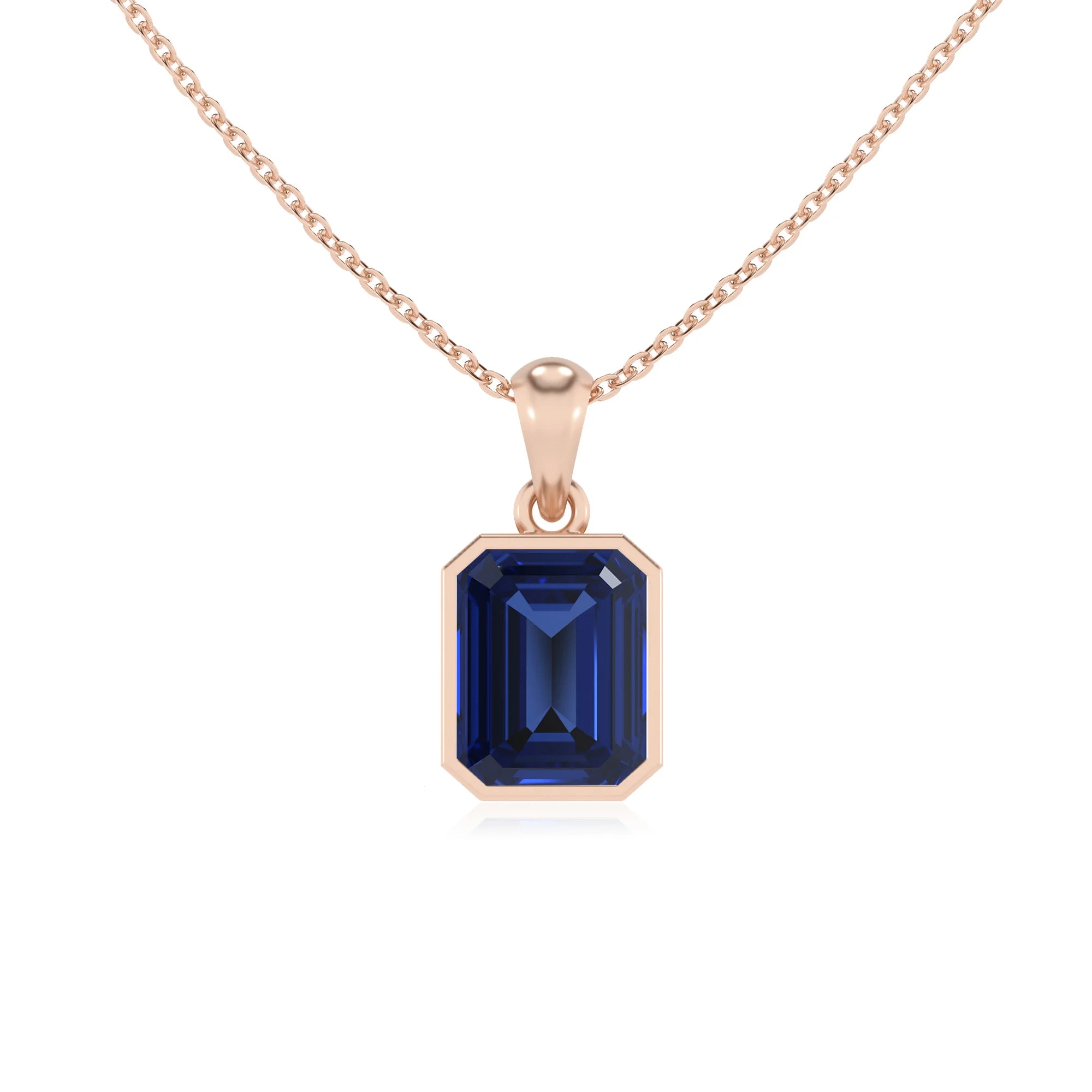 lab grown blue-sapphire emerald cut solitaire necklaces in rose gold