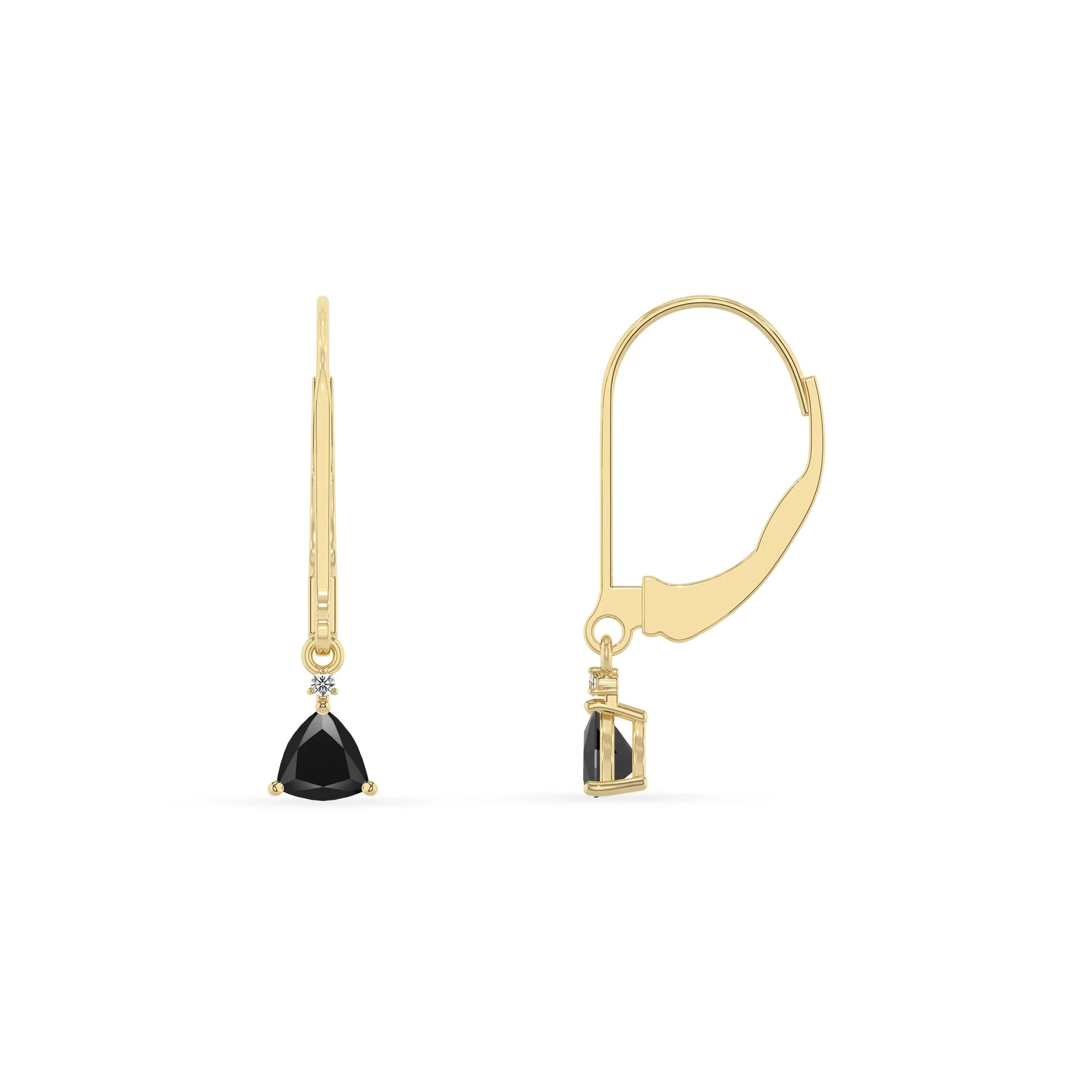 natural black onyx trillion drop earrings in yellow gold