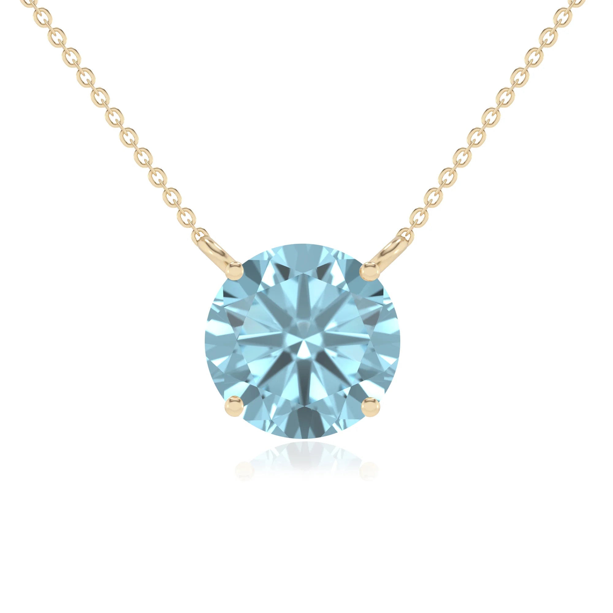 lab grown aquamarine round solitaire necklaces in yellow gold