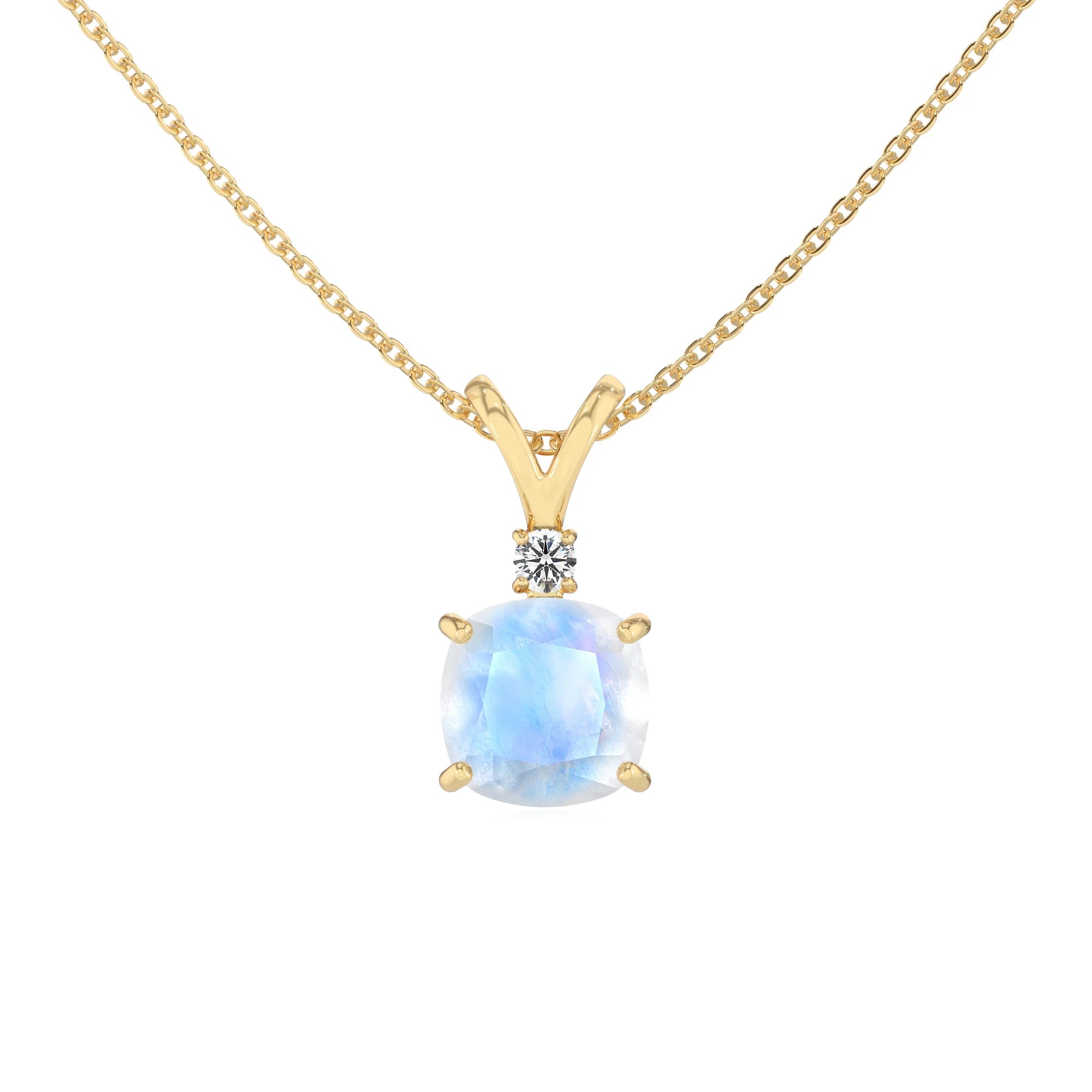 natural rainbow-moonstone cushion solitaire v-bale necklaces in yellow gold