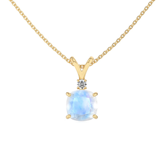 natural rainbow-moonstone cushion solitaire v-bale necklaces in yellow gold