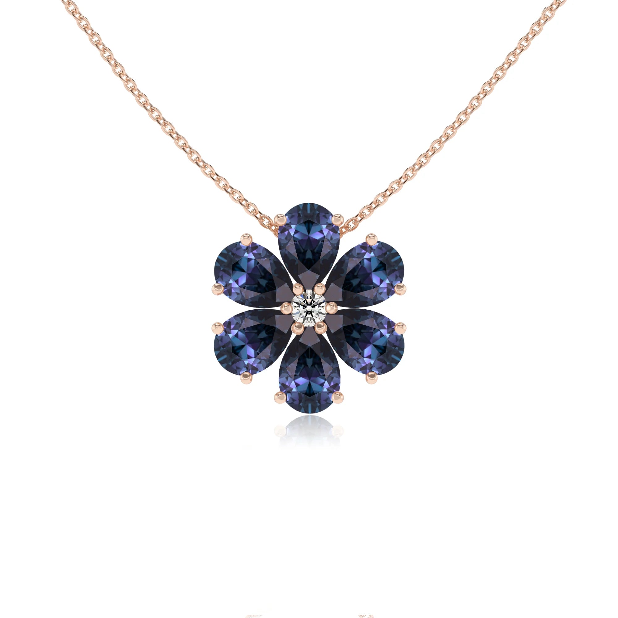 lab grown alexandrite pear solitaire necklaces in rose gold