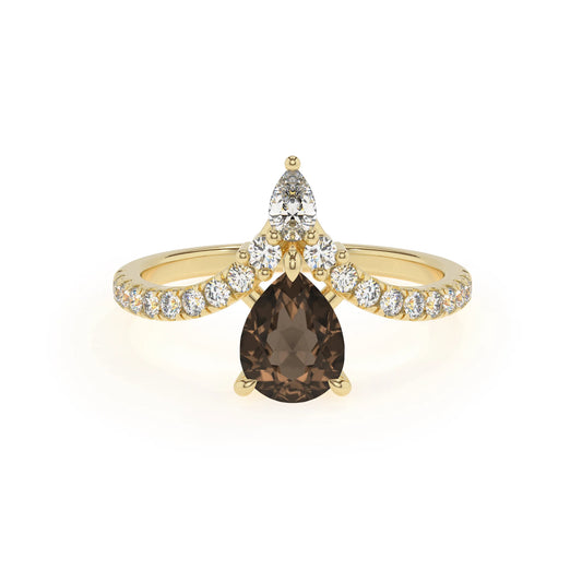 natural smoky-quartz pear solitaire rings in yellow gold
