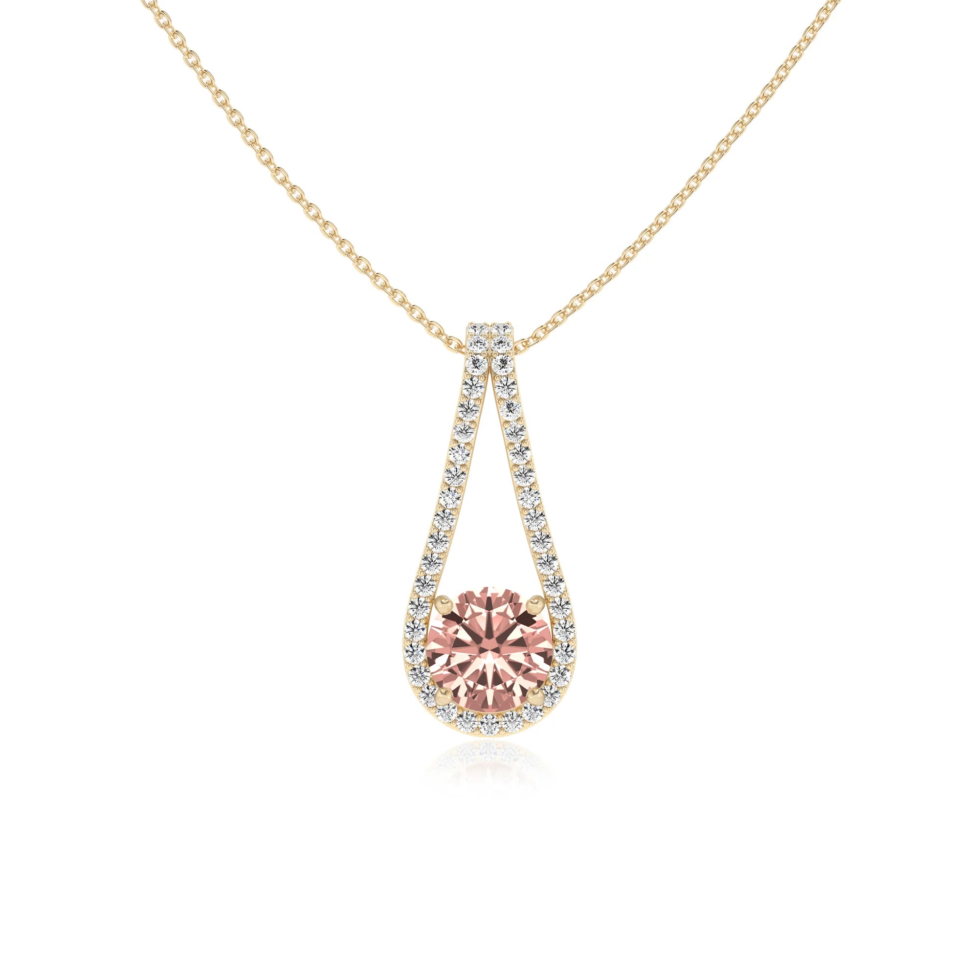 lab grown morganite round solitaire v-bale necklaces in yellow gold