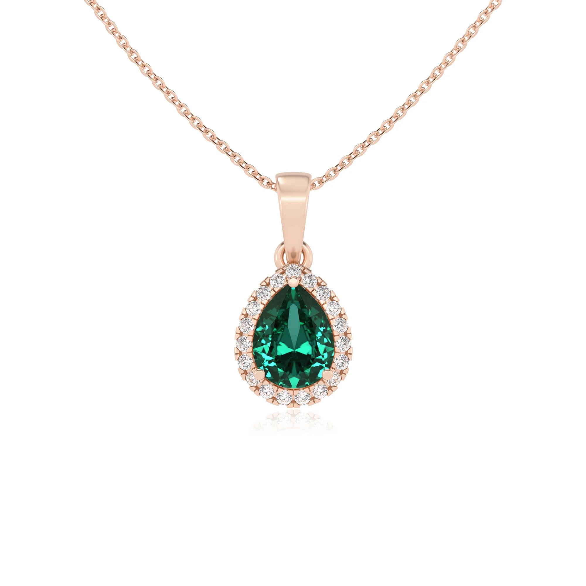 lab grown emerald pear solitaire necklaces in rose gold