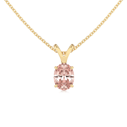 lab grown morganite oval solitaire v-bale necklaces in yellow gold