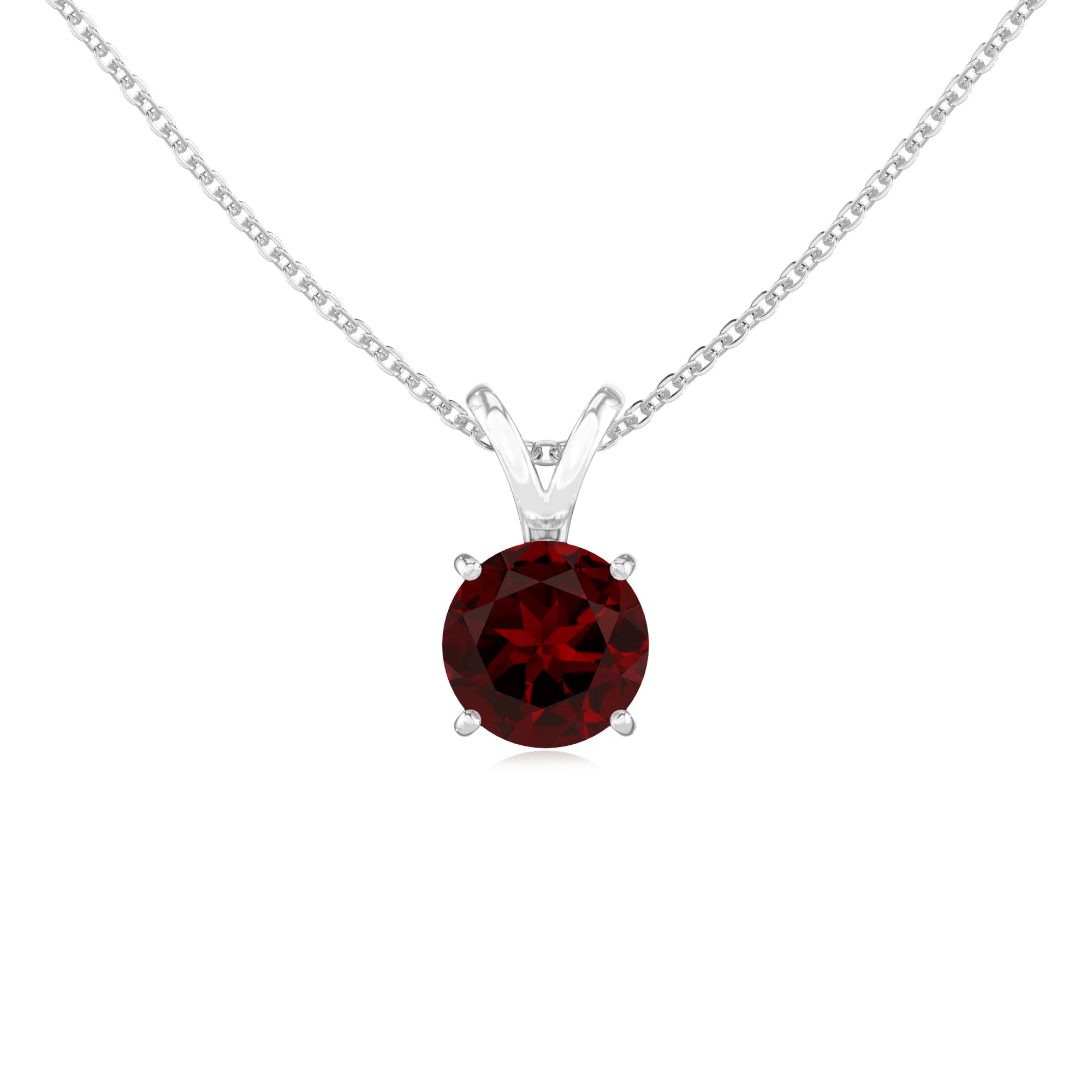 natural garnet round solitaire v-bale necklaces in sterling silver