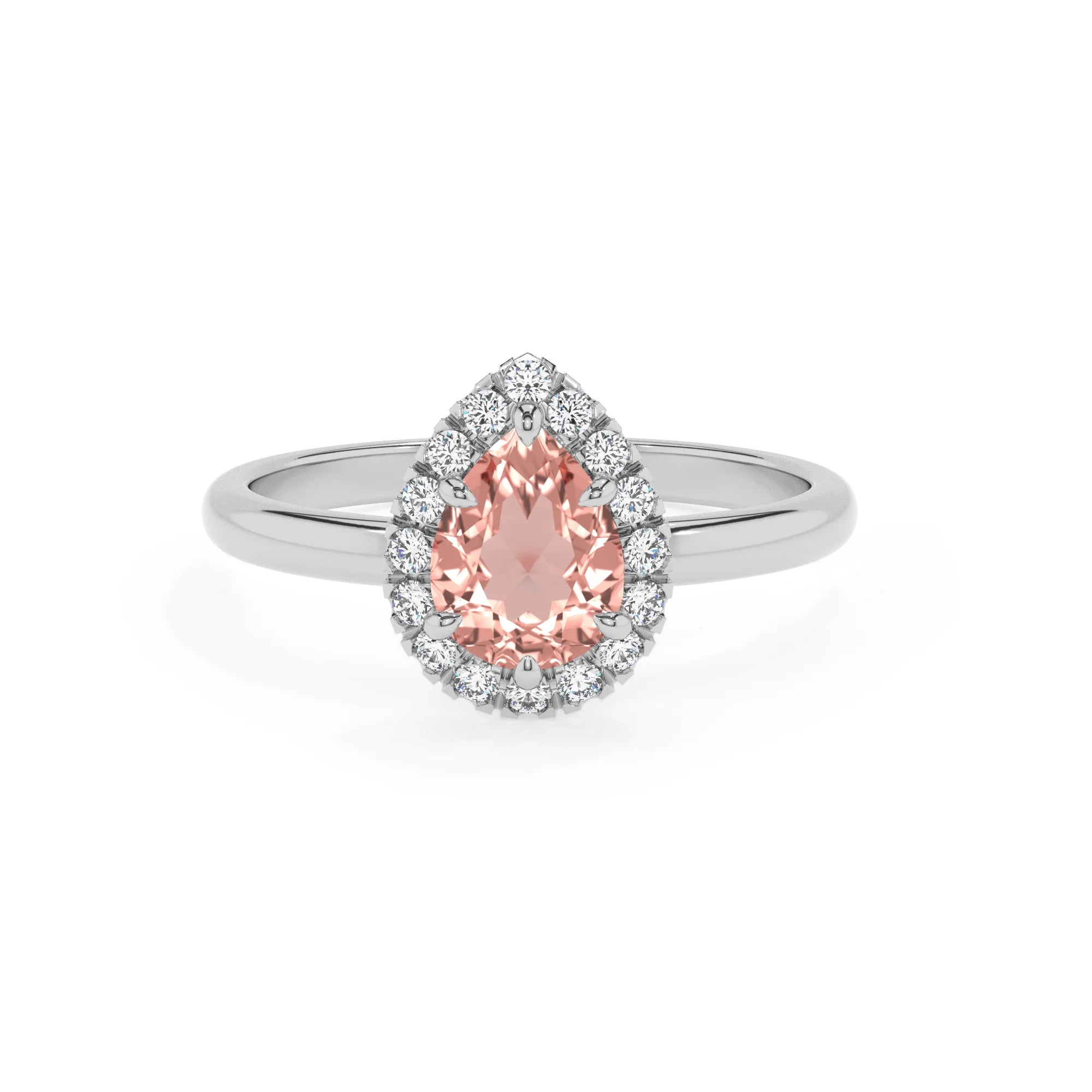 lab grown morganite pear solitaire rings in sterling silver