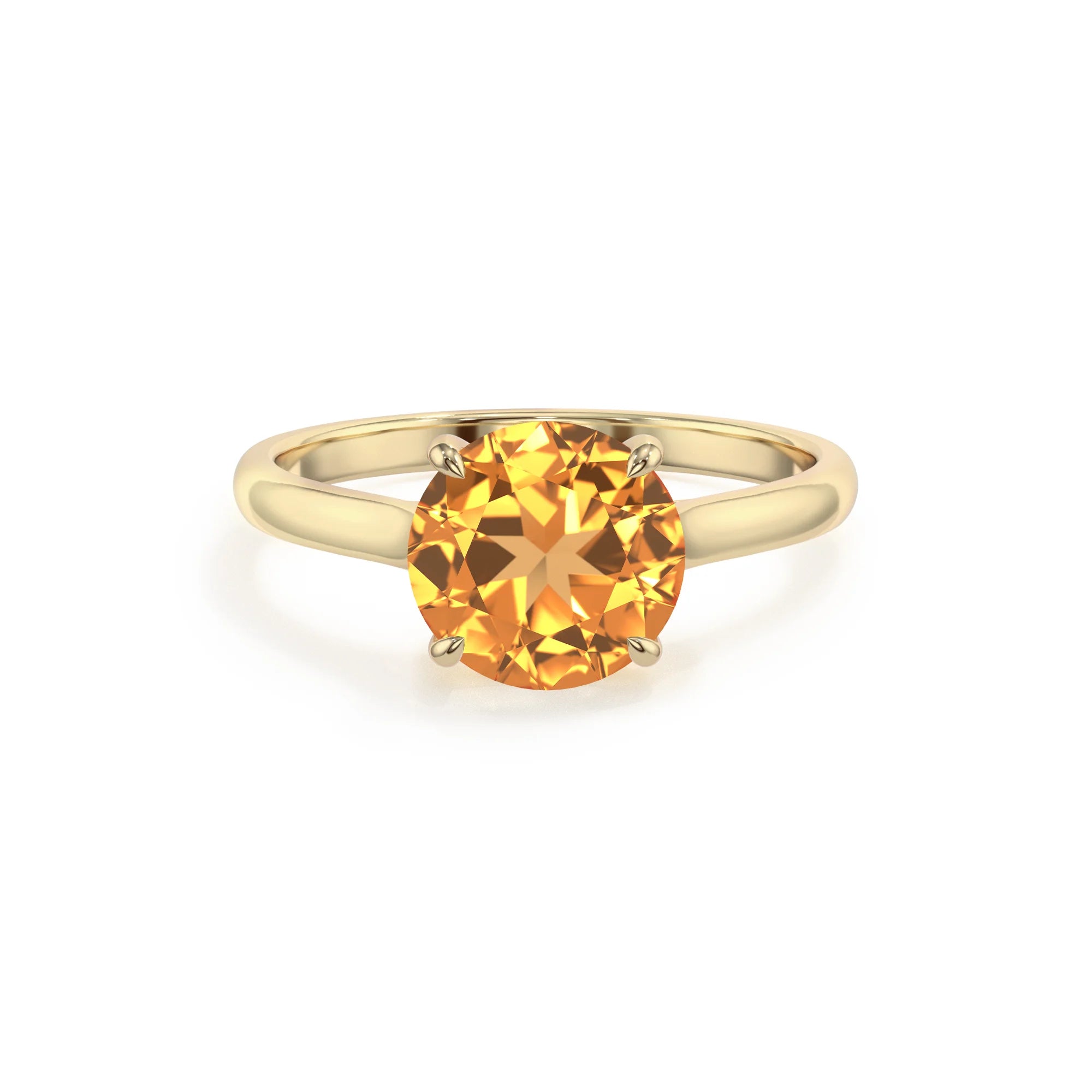 lab grown citrine round solitaire rings in yellow gold