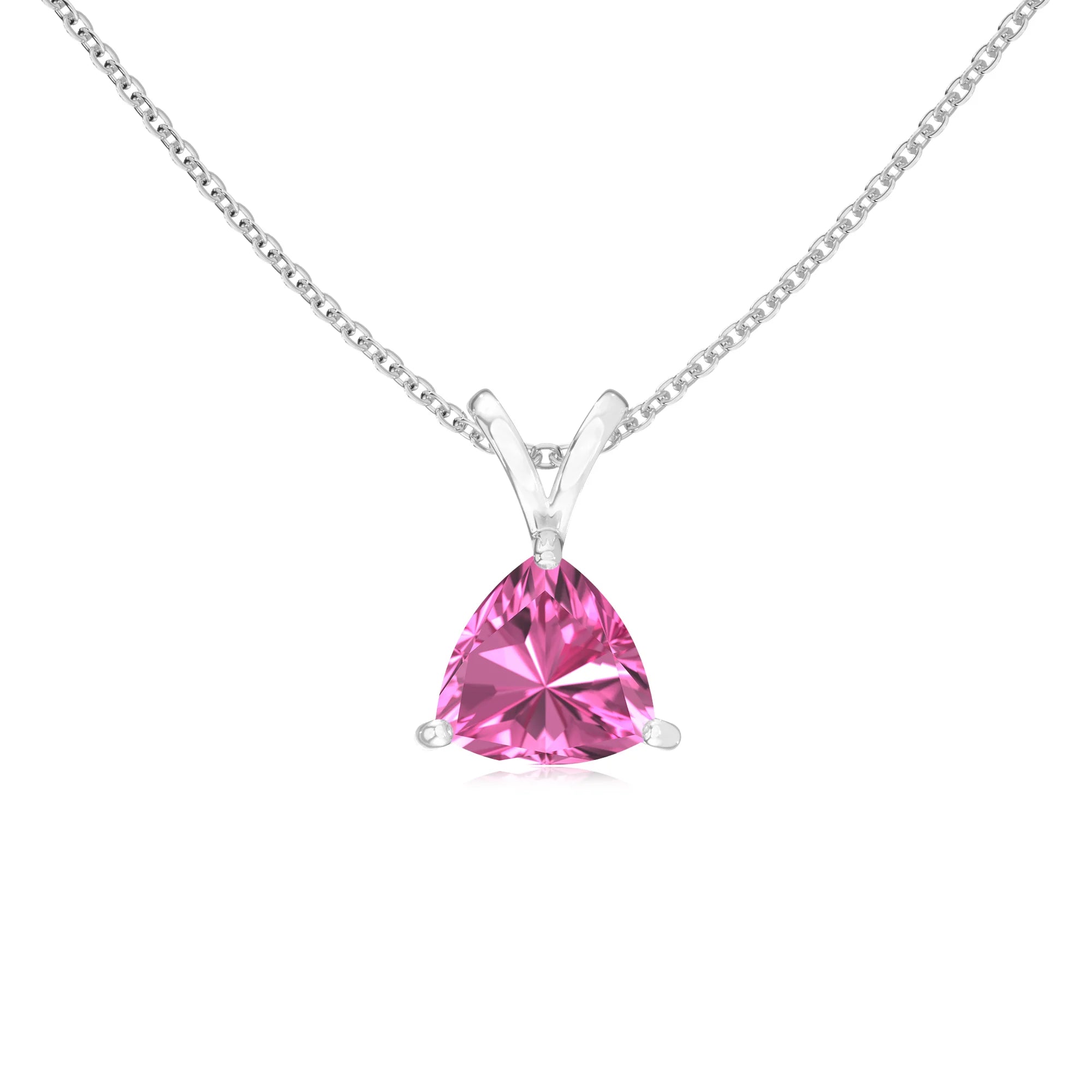 lab grown pink-sapphire trillion solitaire v-bale necklaces in sterling silver